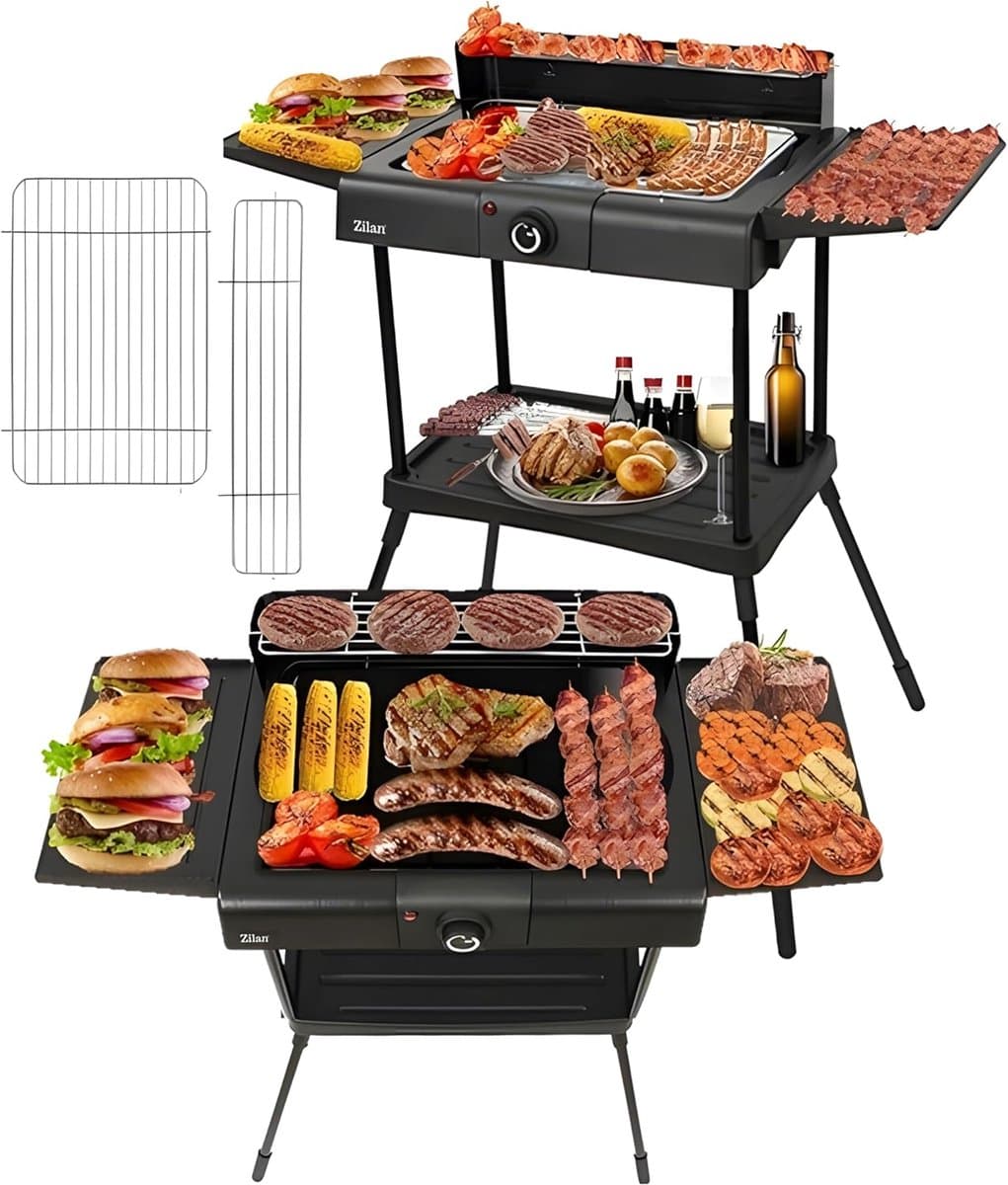 Zilan Staande Elektrische Barbecue – 2400W BBQ met Waterbak, Windscherm & 2 Zijtafels – In Hoogte Verstelbaar Grillrooster — afbeelding 1
