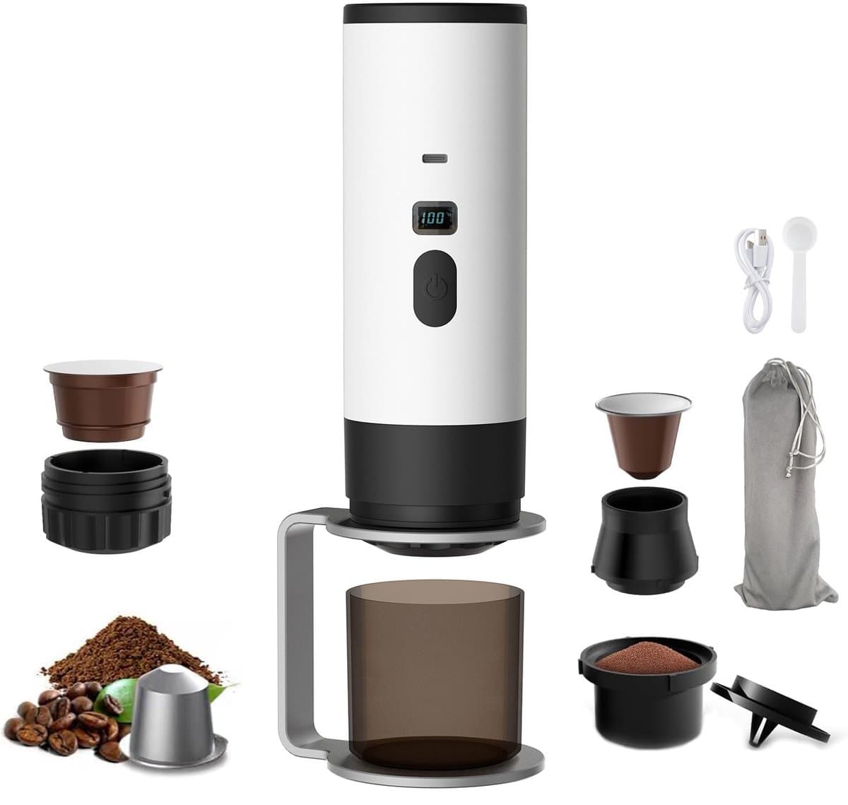 Draagbaar Koffiezetapparaat - Draadloos voor in de Auto - 12 Volt - Espress - Capsule Koffie - Gemalen Koffie - Cups - Oplaadbaar - Draagbare Koffiemachine - Wit — afbeelding 1