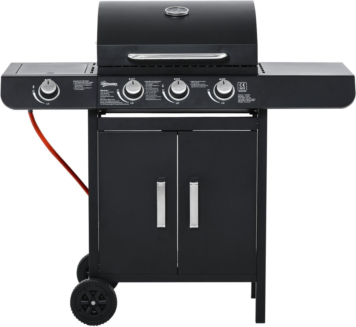 Killogood Gasbarbecue met 3 hoofdbranders + 1 zijbrander - plank - roestvrij staal - zwart - 110 x 50 x 100 cm — afbeelding 1