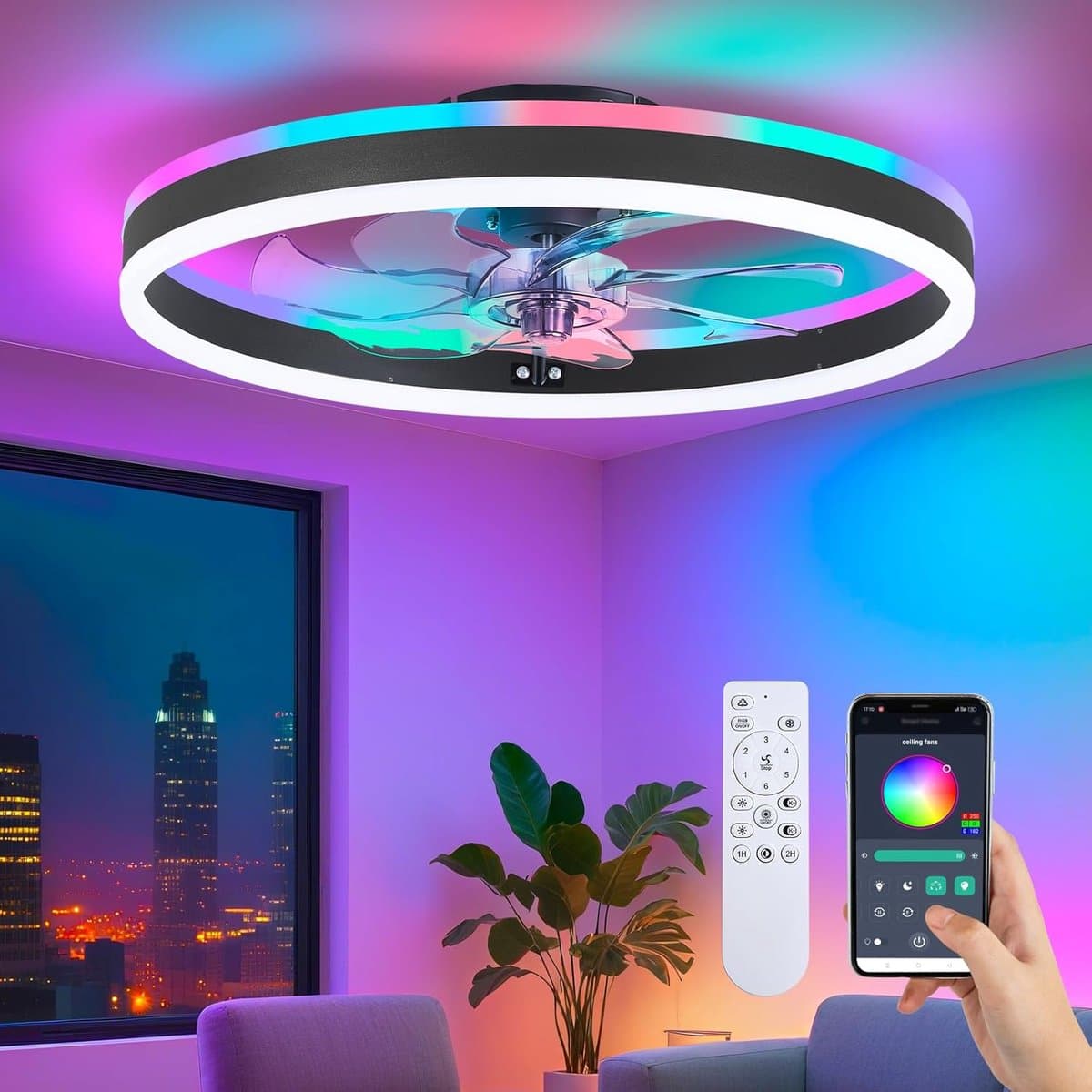 Bluetooth RGB Plafondventilator | Verschillende Kleuren | Dimbaar Met Afstandsbediening | 55W | RGB Ventilator | Woonkamerlamp — afbeelding 1
