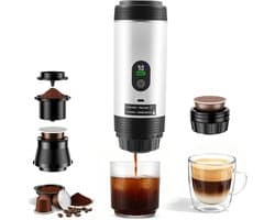 2026 Nieuw Koffiezetapparaat - 3 in 1 Mini Koffiemachine - Draagbare koffiemachine - Compatibel met capsules en gemalen koffie | 80ml - Koude en warme extractie - Eenvoudig te bedienen - Voor kamperen in de auto en op reis - Wit