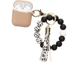kwmobile Hoesje voor Apple Airpods 1 & 2 Case met Polsbandje – Siliconen Beschermhoes met Sleutelhanger – Hoofdtelefoonhoesje in cappuccino / zwart