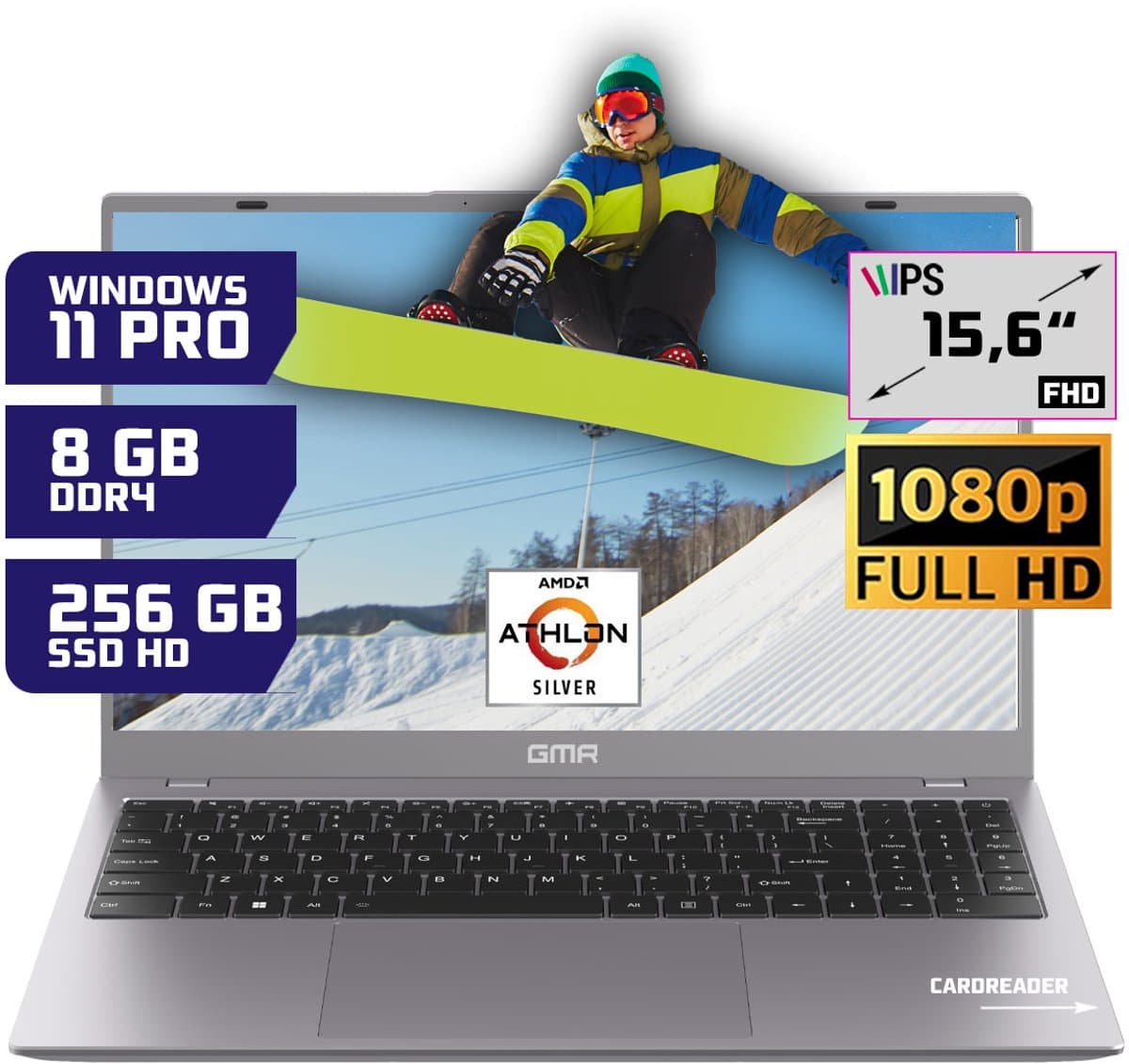Office Laptop 15.6 Inch Full HD - Windows 11 Pro - 8GB RAM - 256GB SSD - GMR Notebook voor Studie, School, Office, Internet, E-mail en Thuiswerken - AMD Athlon Silver - Studenten Laptop - Werk Laptop — afbeelding 1
