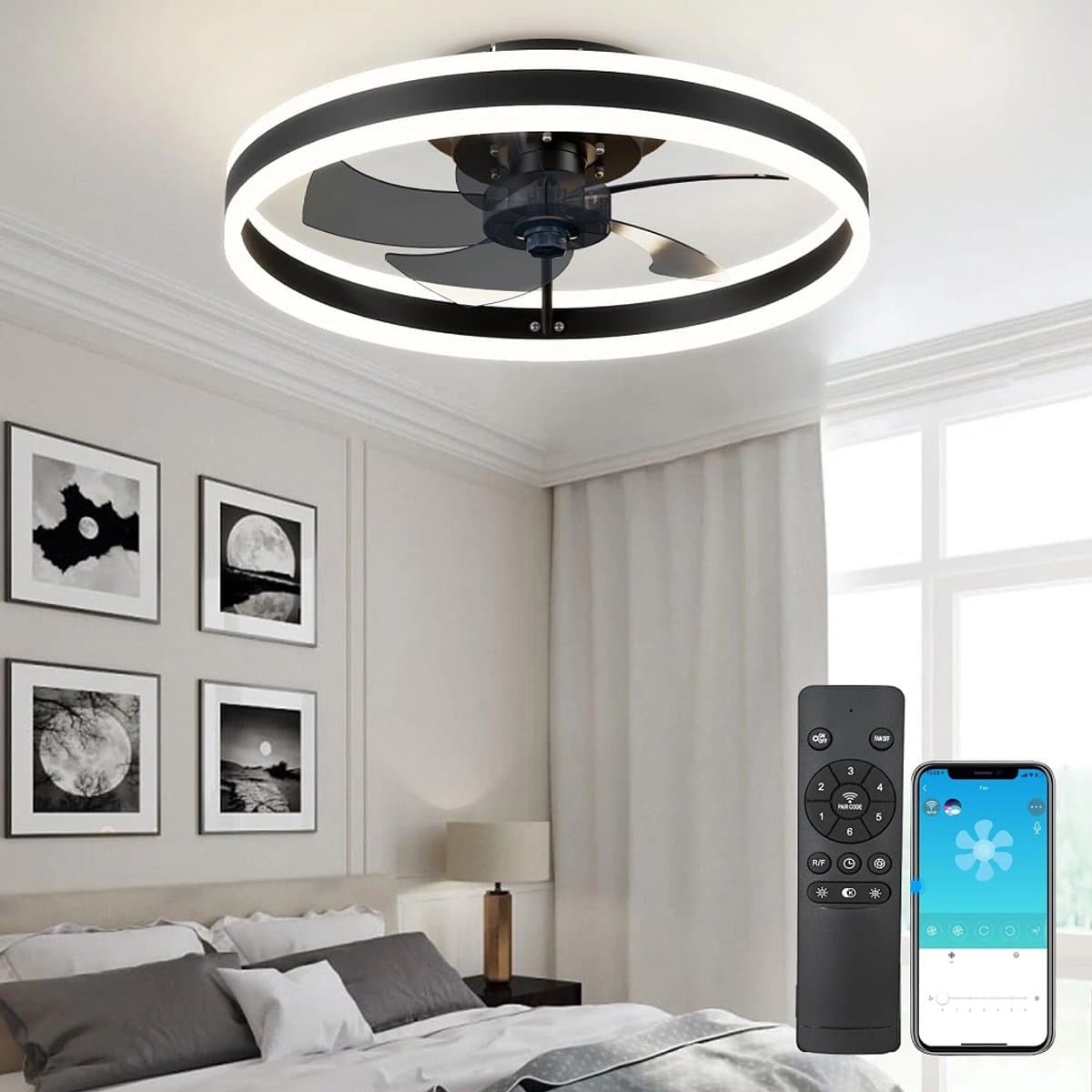 Plafond Ventilator Lamp - 51 CM - Smart Lamp - 6 Standen - 2 ledstrokes - Dimbaar - Zwart - Kroonluchter Ventilator - Chandelier Fan - Woonkamer Lamp - Ventilator Lampen - Slaapkamer lamp - Eetkamerlamp — afbeelding 1