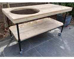 BBQ Tafel | Buitenkeuken | 140x70cm | Gat 50cm | Wielen | Zwart Staal en Hout | Kamado Tafel | Barbecue | Big Green Egg | Bastard | Grill Guru | Kamado Joe | Ombouw | Onderstel | Geschikt voor vele modellen