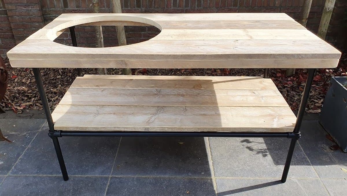 Big Green Egg Tafel | Buitenkeuken | 140x70cm | Gat 50cm | Zwart Staal en Hout | BBQ Tafel | Kamado Tafel | Barbecue | Bastard | Grill Guru | Kamado Joe | Ombouw | Onderstel | Geschikt voor vele modellen — afbeelding 1