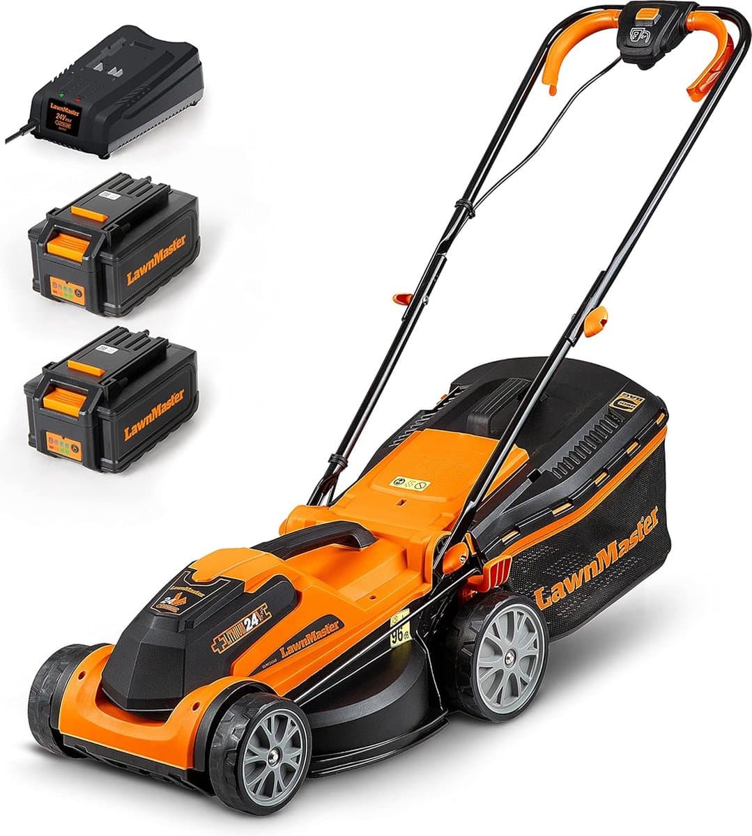 Elektrische Grasmaaier met 24V Accu - 2x 4.0Ah Accu - Verstelbaar 20 cm tot 70 cm - 32L Opvangzak - Snellader - Maaibreedte 34cm - Oranje — afbeelding 1
