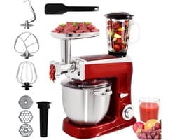 Royalty Line Keukenmachine - Keukenrobot - 2100W - Foodprocessor met 7 Snelheidsstanden + LED, incl. Garde / Kneedhaak / Mengarm en Blender, Met Spatscherm & RVS Mengkom Van 7.5 Liter - Rood