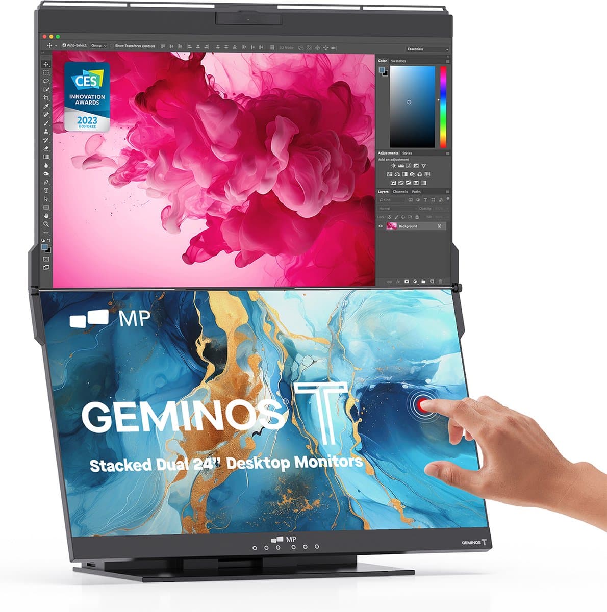 Mobile Pixels Geminos T - Gestapelde Dubbele 24 Inch Monitor - FHD - 60hz - 10 in 1 dock - Onderste display Touchscreen — afbeelding 1