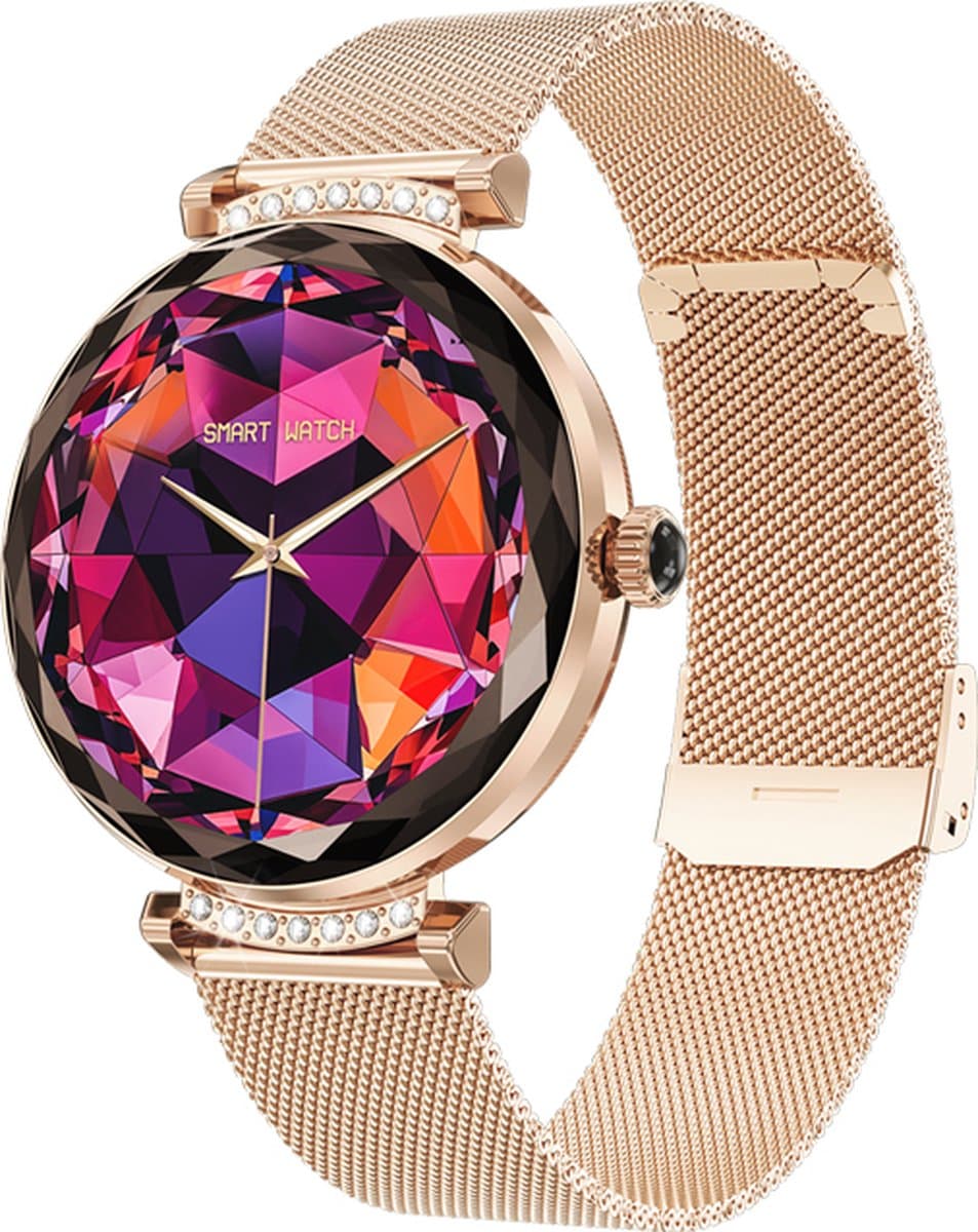 WizBay Premium Select® 1.19inch Smartwatch Dames Heren AMOLED - Android en iOS - Bluetooth Call - Smartwatches - Magnetic Laden - O2 en Bloeddrukmeter - Multiple Sport - Message - Slaap meter - Gold Horlogekast - Gold Band plus Roze TPU Band — afbeelding 1