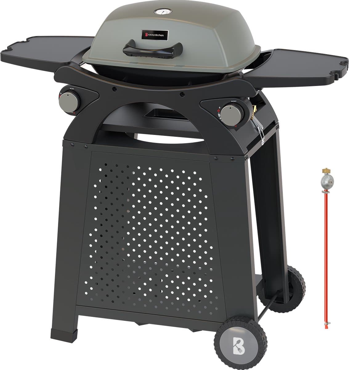 KitchenBrothers Gas BBQ - Staand en Tafelmodel Barbecue - 2 Branders - PFAS Vrij - Tafelbarbecue - Anti-aanbaklaag - 37x48 cm Grilloppervlak - Zwart — afbeelding 1