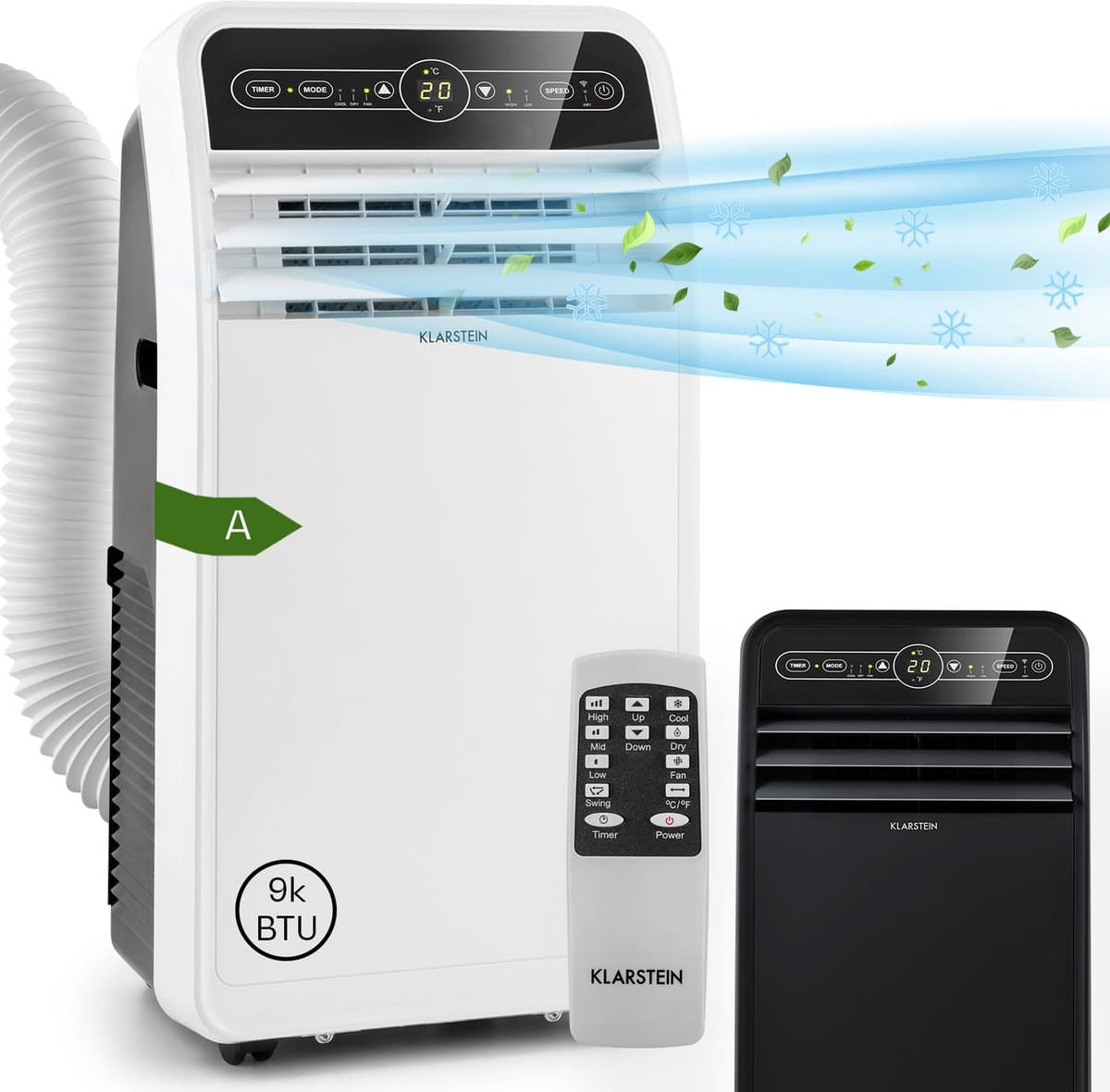 Klarstein Mobiele airconditioner met luchtafvoerslang, 4-in-1 airconditioner met ventilator, luchtontvochtiger & nachtmodus, Kleine & draagbare airconditioner voor thuis & op kantoor, Laag verbruik, 9000 BTU,6 kW voor 33 m² - Afstandsbediening — afbeelding 1