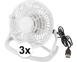Mini bureau ventilator - 3x - USB - wit - 15 cm - verkoeling - tafelventilator