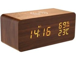 Houten Digitale Wekker - Wekkerradio - Draadloos Oplader iPhone - Wekker - Hout - Reiswekker - Draadloos opladen - Weerstation Binnen - Walnootkleur