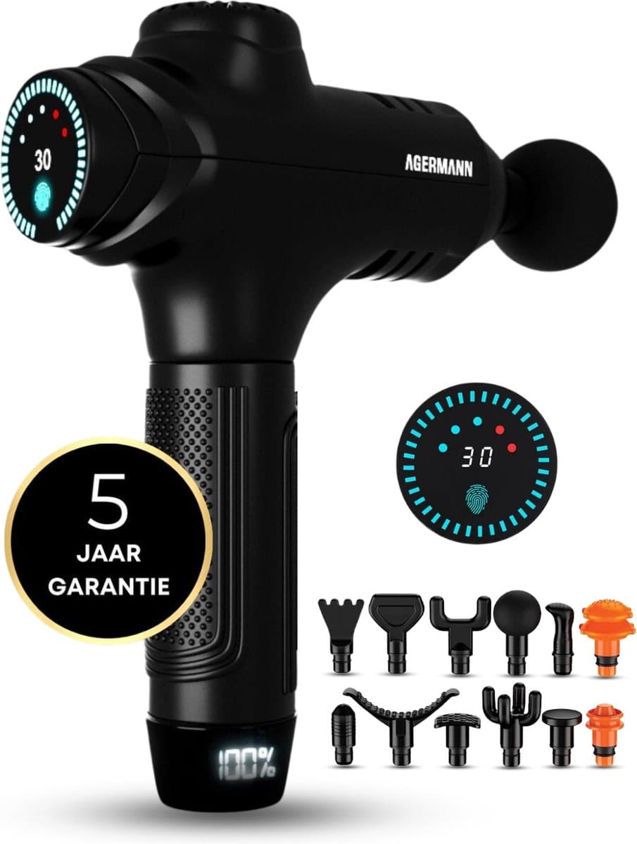 AGERMANN - Massage Gun Pro - 12 opzetstukken - Touchscreen - Professioneel - Sport Massage Apparaat - - 3300 mah - Zwart — afbeelding 1