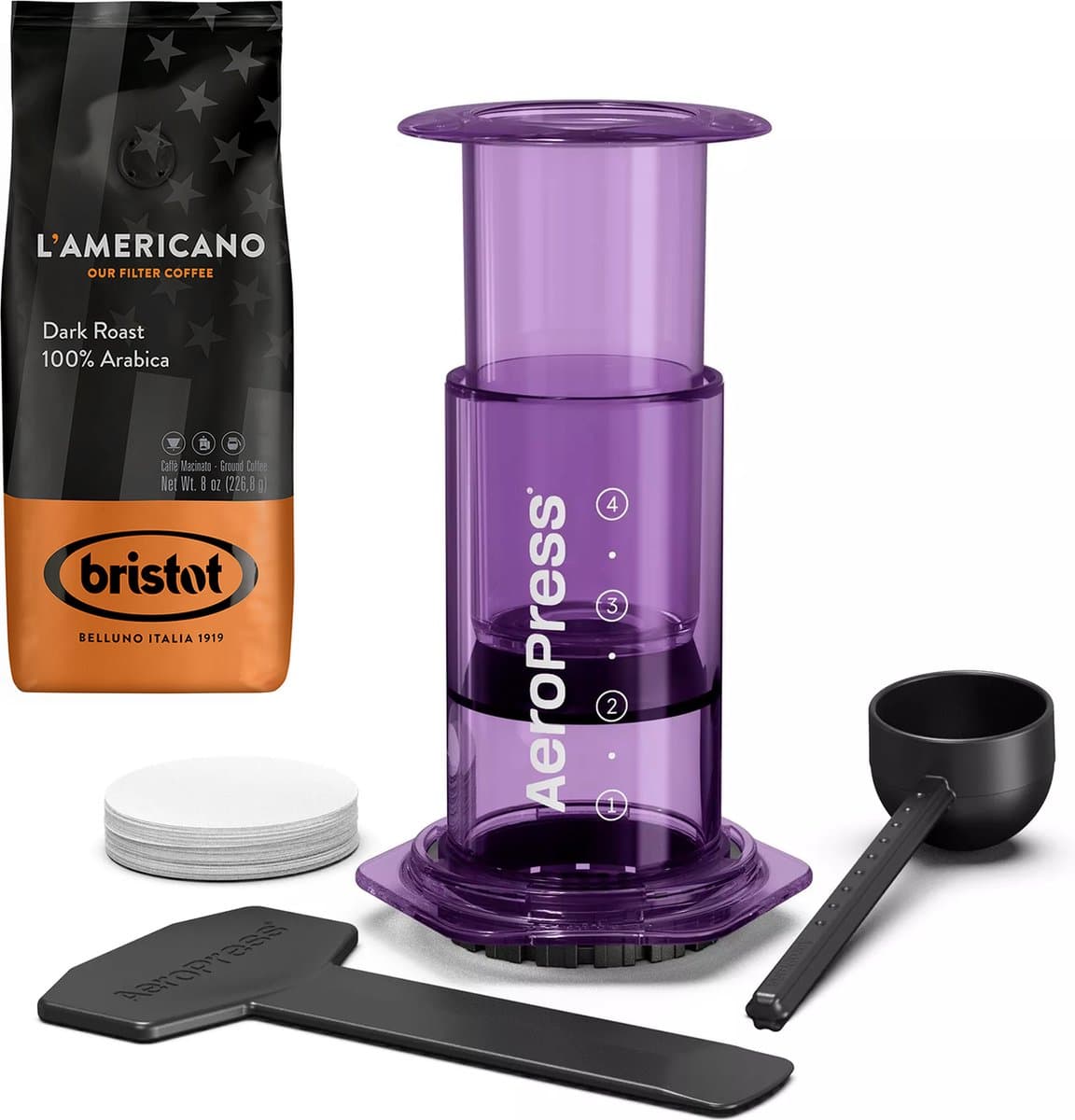 AeroPress Clear Purple Coffee Maker + Bristot l'Americano koffie — afbeelding 1