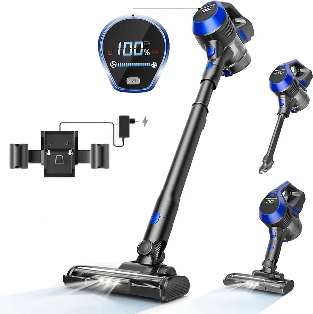 Draadloze Steelstofzuiger - Incl. Extra 2-in-1 Mondstuk - Met LED-Display - 120W - Meerdere Zuigstanden - Geschikt Voor Tapijt, Harde Vloeren En Dierenhaar - 20 Tot 30 Minuten gebruik - 2200Mah - Blauw/Zwart — afbeelding 1