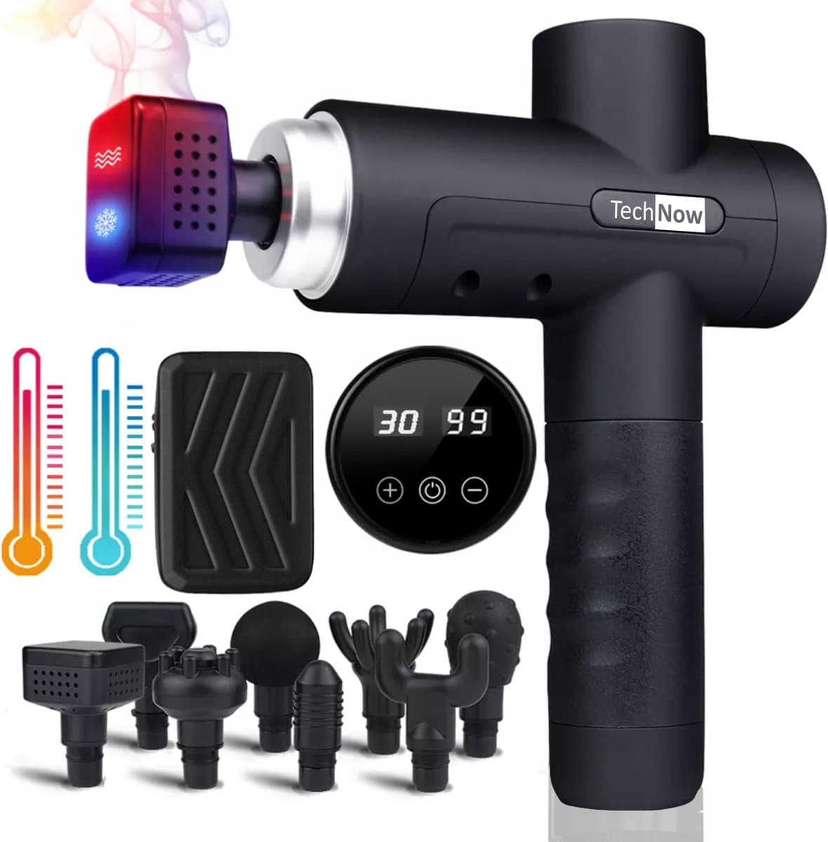 Massage Gun met Warmte en Koel Functie - Massagegun Massage Pistool Apparaten - Massage gun met 8 Massagekoppen en Koffer - Professioneel Massage Gun — afbeelding 1