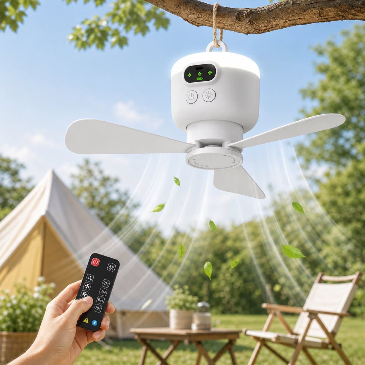 MUPOO Draadloze Plafondventilator camper met LED lamp & Afstandsbediening - 8000mAh Oplaadbaar - 4 Snelheden -Timer -Stille Motor & Afneembare Bladen - Ø27cm - Voor Camping, Tent, Caravan, Slaapkamer, Tuin, RV & Overkapping — afbeelding 1