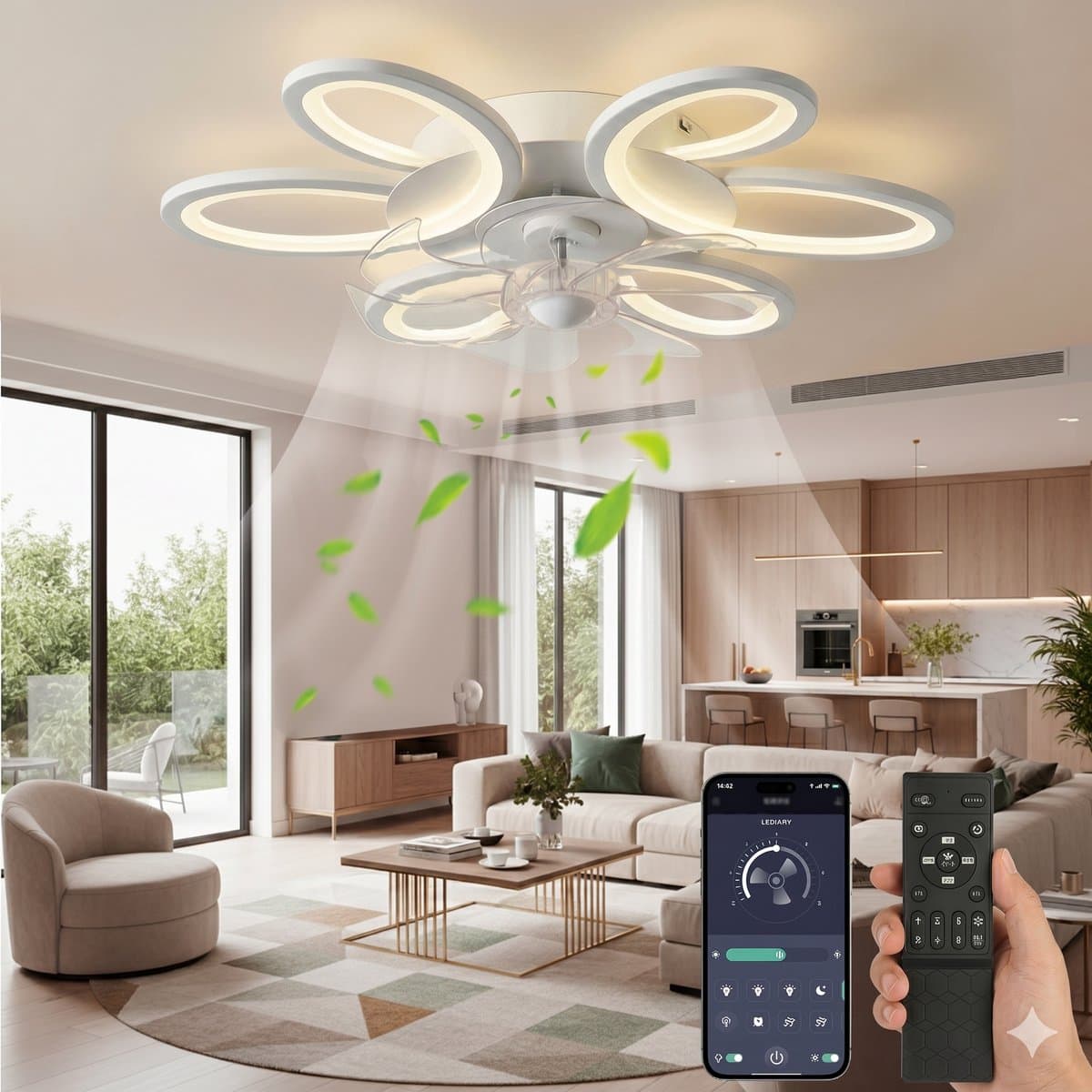 MUPOO Plafondventilator met verlichting met App & Afstandsbediening-Bloem- Stil DC Motor- Dimbaar & 6 Snelheden- Winterstand- 65cm ventilator lamp voor Slaapkamer & Kantoor — afbeelding 1