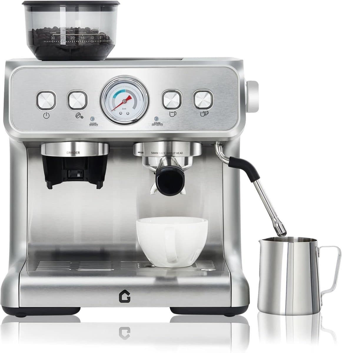 Professionele Pistonmachine met Bonenmaler en Melkopschuimer - Espressomachine met Drukmeter - 20 Bar - 2.8 Liter - Voor Espresso & Cappuccino — afbeelding 1