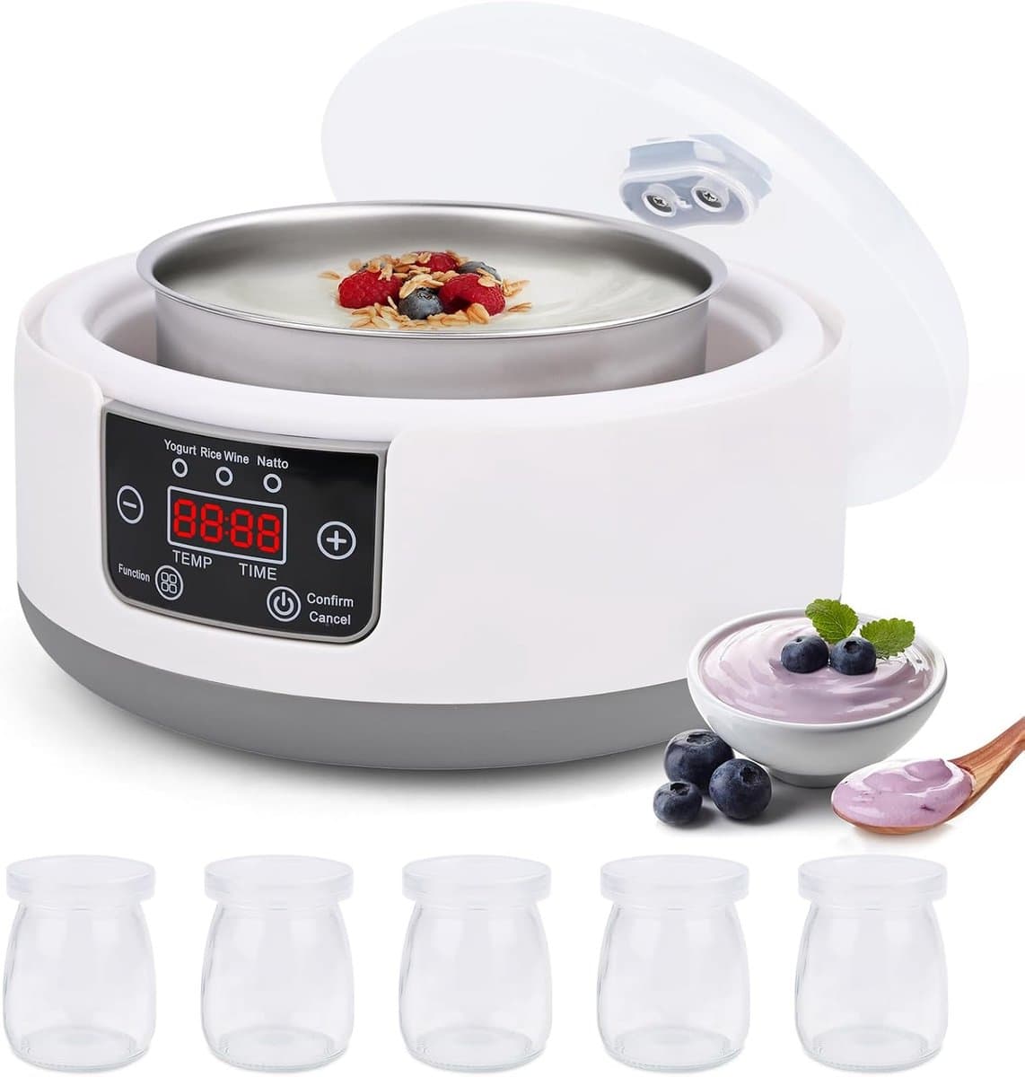 Yoghurtmaker met Temperatuurregeling – Incl. 5 Glazen Potjes 100ml – Voor Griekse & Vegan Yoghurt – Ook voor Natto — afbeelding 1