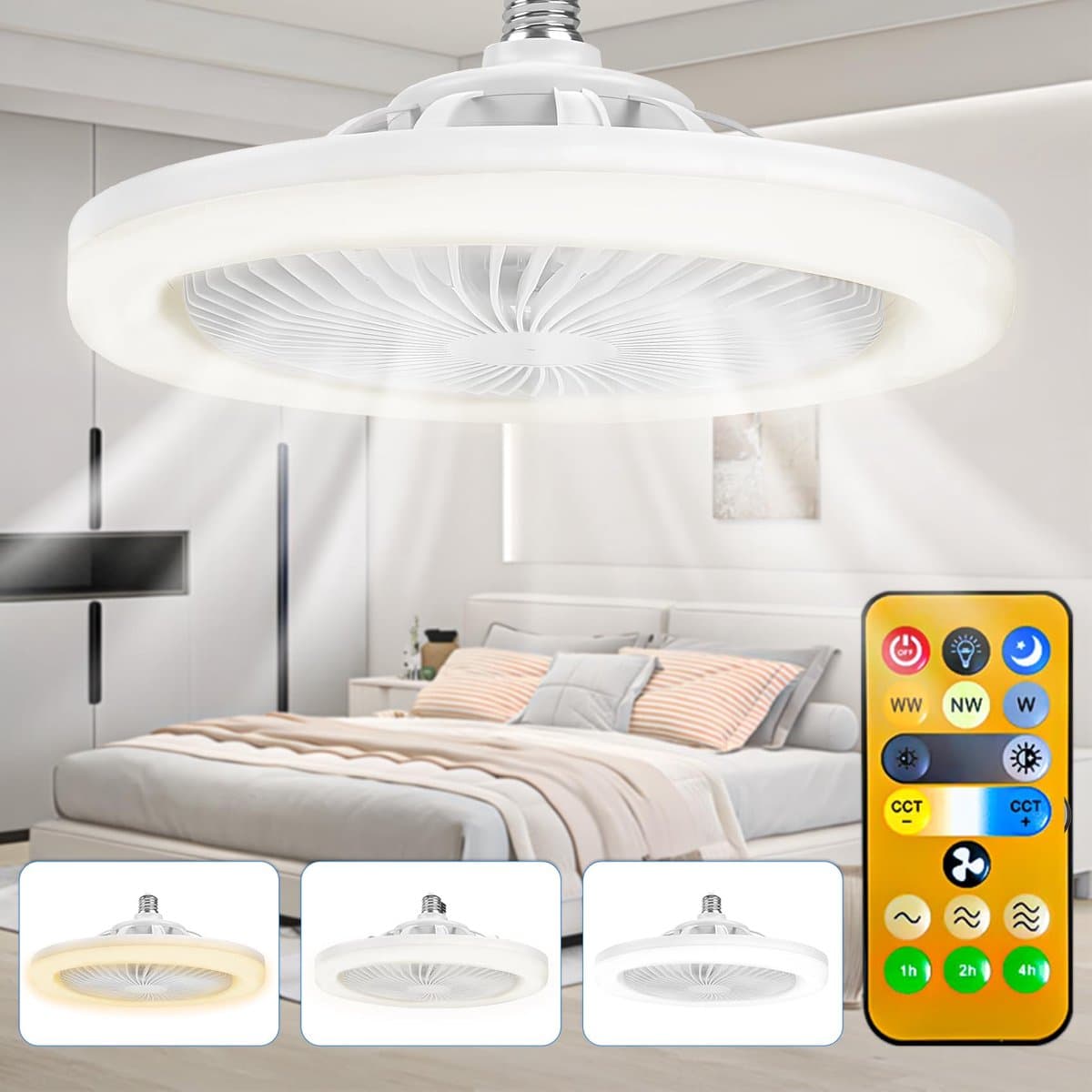 Stille plafondventilator met lamp - Lampfitting met schroefbevestiging - LED-lamp voor plafondventilator - Plafondventilator met lamp en afstandsbediening voor keuken, badkamer, berging, garage — afbeelding 1