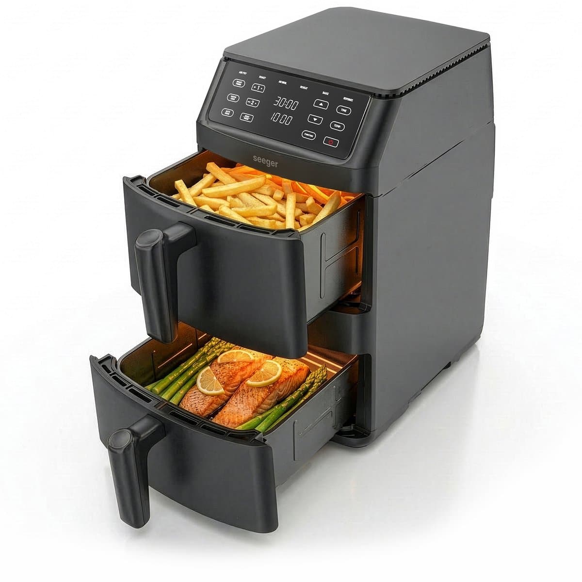 Seeger SuperFry Dubbele Airfryer - 11 Liter, 6 Kookprogramma's - 30°C–220°C - PFAS-vrij - Gestapelde lades - Voor 10 personen - Digitaal Touchscreen — afbeelding 1