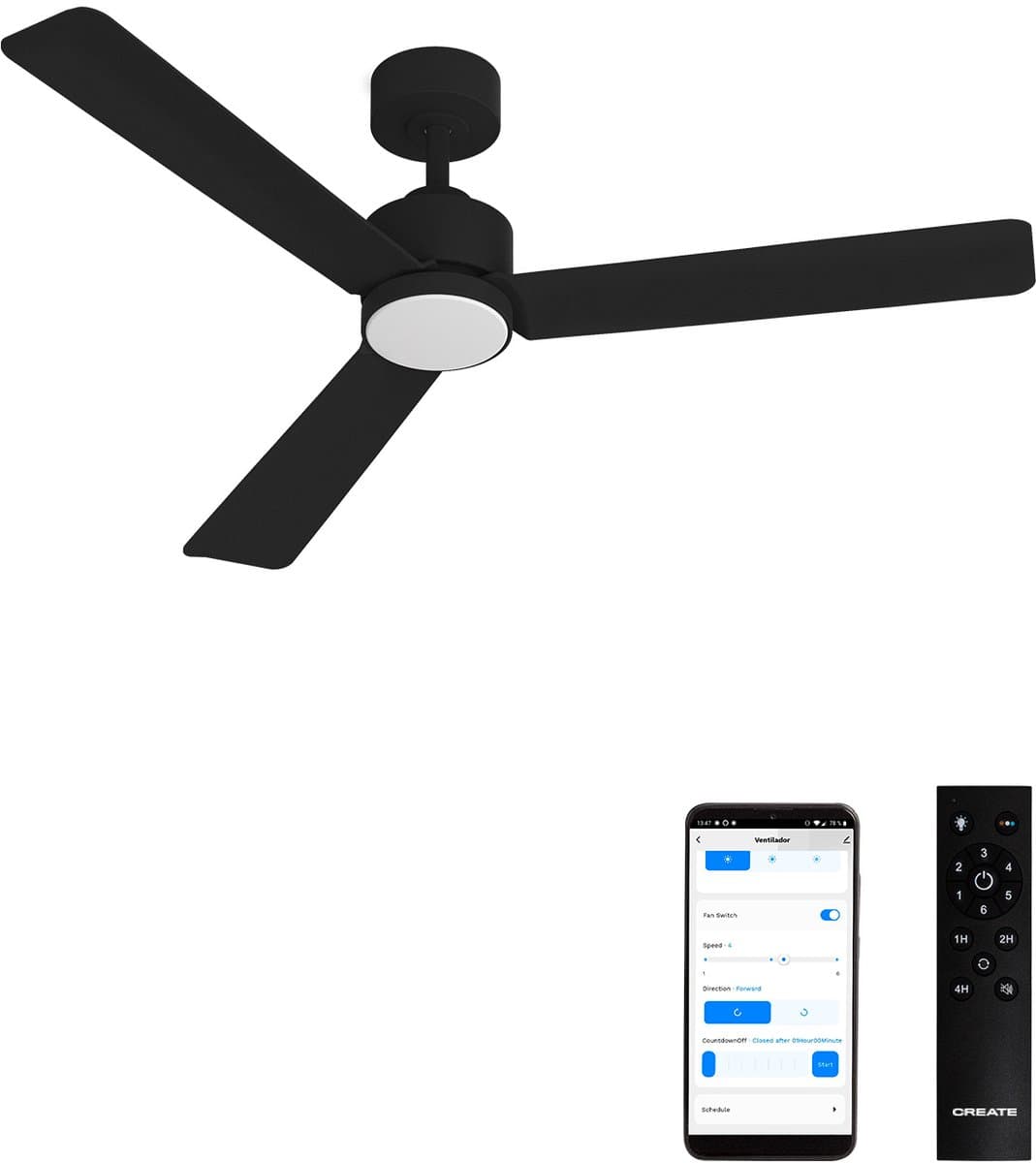 CREATE - Stille plafondventilator 40W met licht - Zwart - Ø132cm - WIFI + Afstandsbediening - WIND MODERN — afbeelding 1