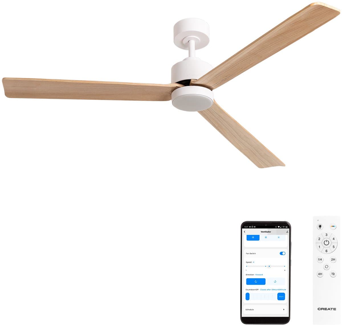 CREATE - Stille plafondventilator 40W met licht - Wit / Licht hout - Ø152cm - WIFI + Afstandsbediening - WIND MODERN — afbeelding 1
