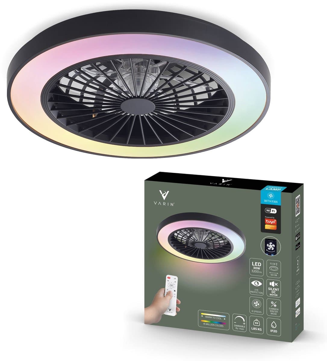 Varin® Plafondventilator met verlichting - Zwart - Tuya Wifi - LED 30W RGBW - Ø 50cm - Super stil - Afstandsbediening smart lamp - Plafondlamp slaapkamer - Plafonniere woonkamer - Plafondlampen - Plafond lamp - Verlichting kinderkamer - Ventilator — afbeelding 1