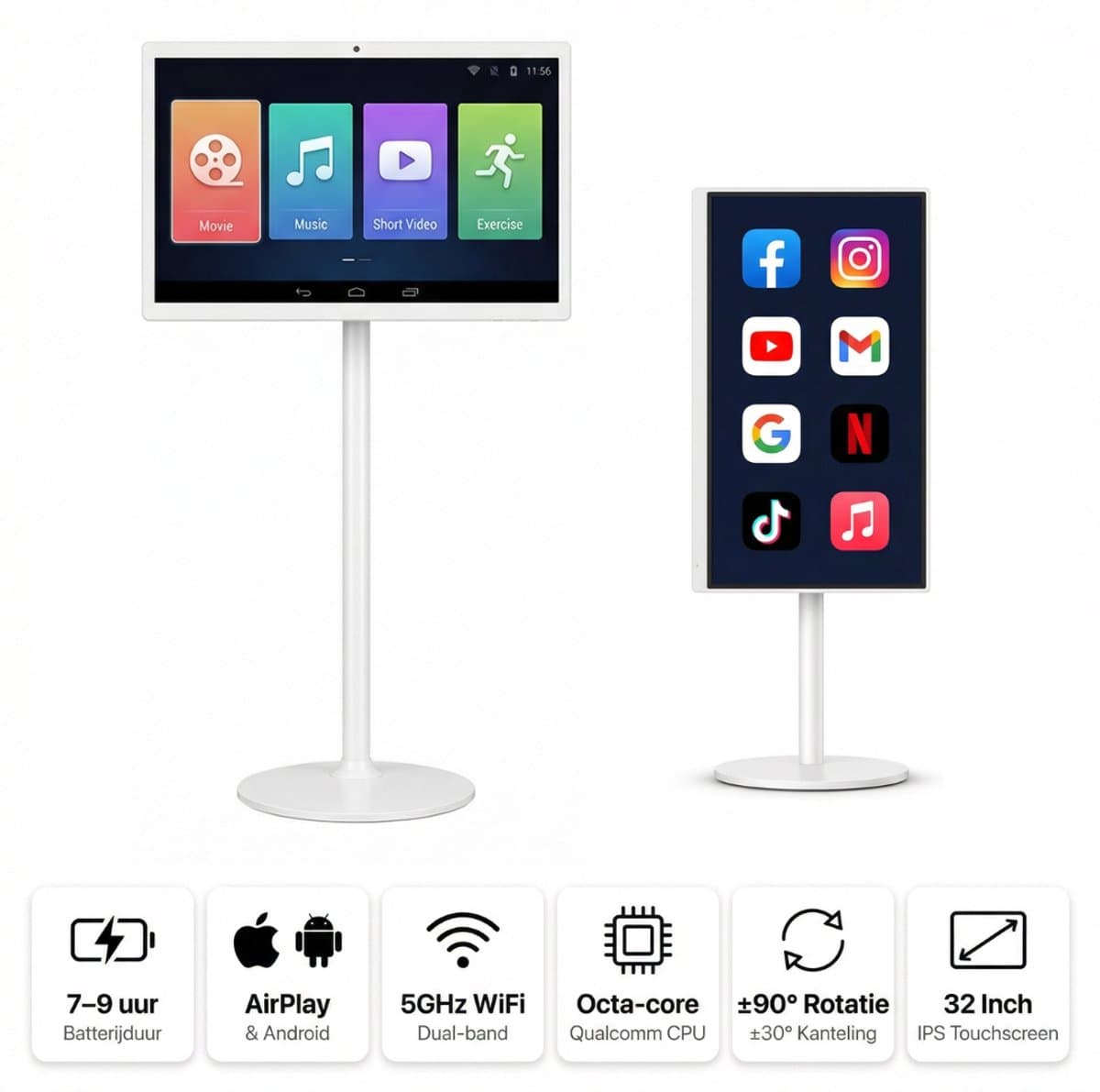 32 Inch Draagbaar Smart TV Display — Draaibaar, Kantelbaar & Verstelbaar | Android 13 & Airplay | WiFi | Ingebouwde Batterij — afbeelding 1