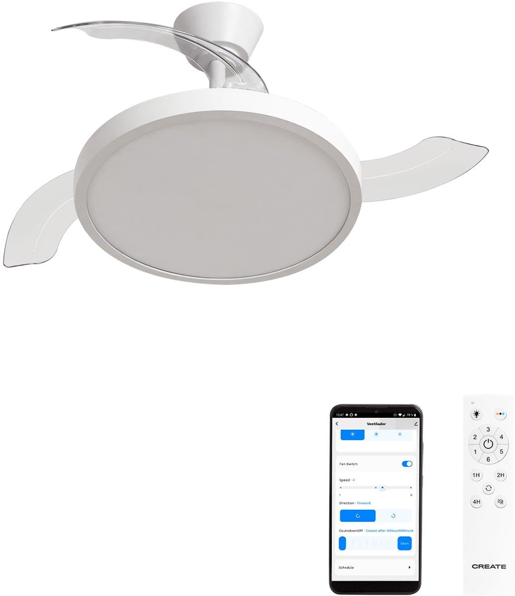 CREATE - Plafondventilator 40W stil met intrekbare bladen met licht - Ø108cm - Wit - WIFI + Afstandsbediening - WIND CLEAR STUDIO — afbeelding 1