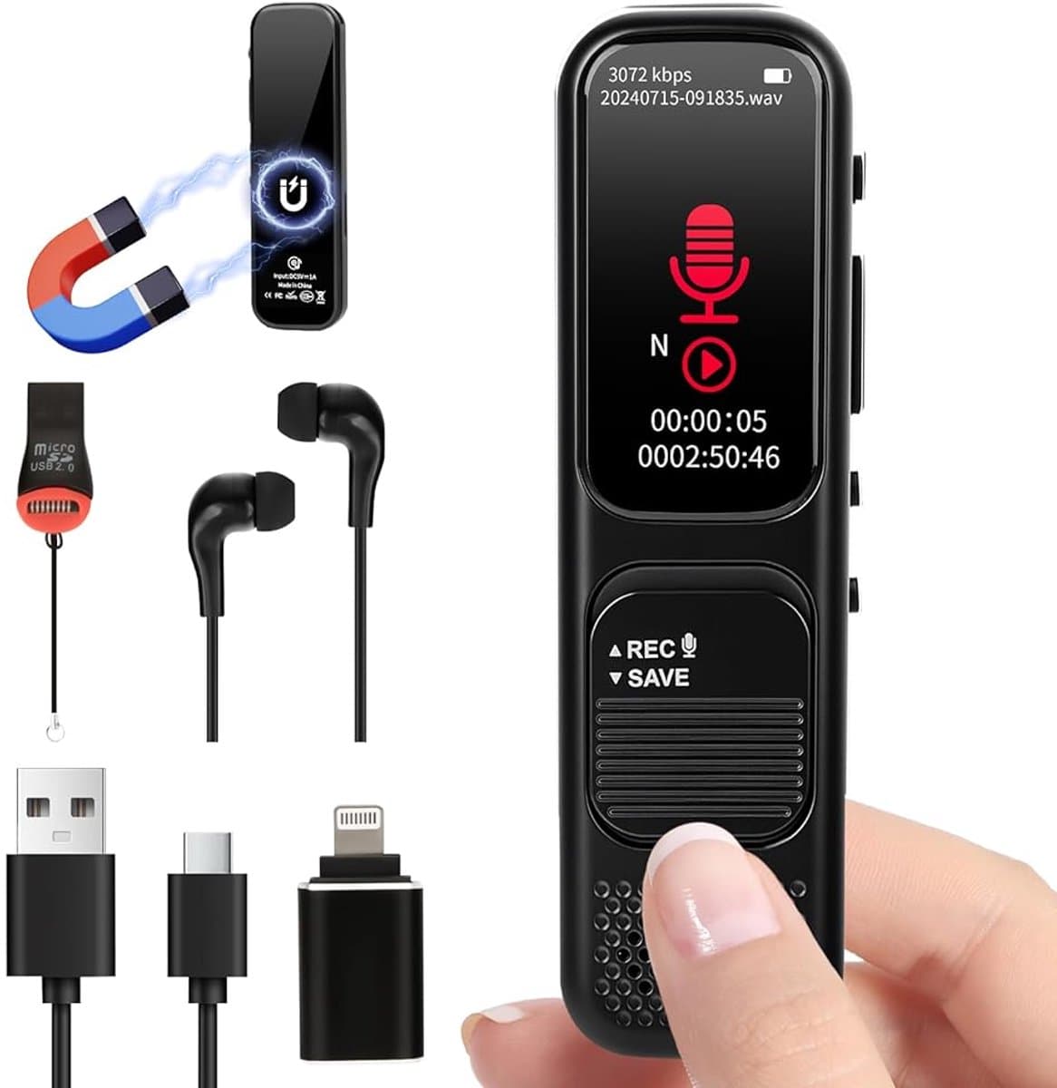 Digitale Dictafoon 64GB – Voice Recorder met Ruisonderdrukking, USB Oplaadbaar – Voor Vergaderingen & Interviews — afbeelding 1