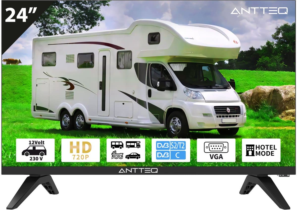 ANTTEQ AE24H5C-Q1 - 24 Inch (61 cm) HD LED TV - 12V & 230V - Geschikt voor Camper, Caravan & Vrachtwagen - DVB-S2/T2/C - Hotelmodus — afbeelding 1