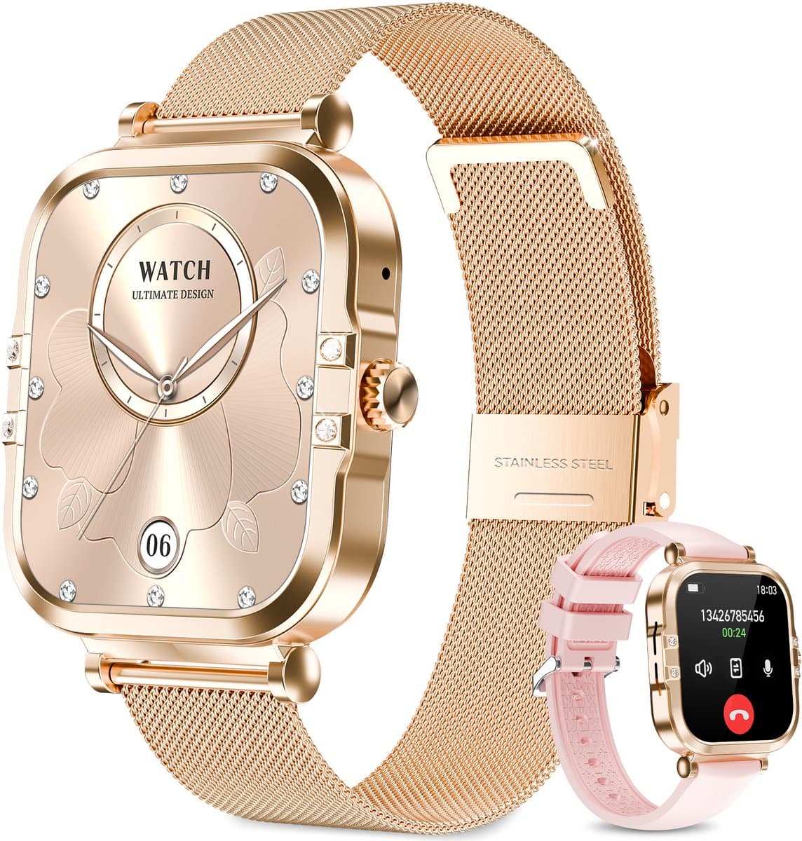 RAYOFI - Smartwatch - Nieuwe damessmartwatch 2026 - 1,75-inch fitnesshorloge - Met telefoonfunctionaliteit - Dubbele bandjes - Volledig touchscreen - Vierkant ontwerp - Stijlvol damessporthorloge - Goud - Compatibel met Android 4.4+ / iOS 10.0+ — afbeelding 1