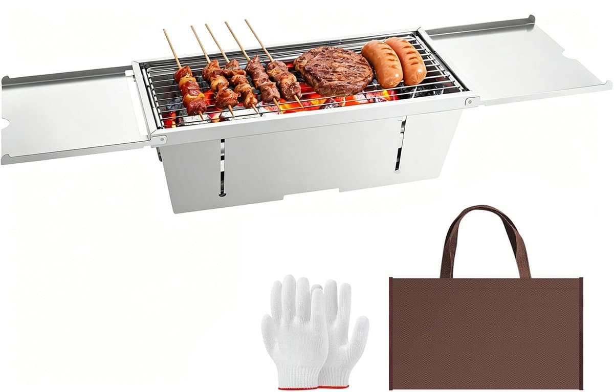 Uten Tafel BBQ Houtskool - Camping BBQ - Opvouwbare en Draagbare Barbeque - Barbecue met Losse Vuurschaal en Grillrooster - Grilloppervlak (L x B) 42.5 x21.5 cm - RVS — afbeelding 1