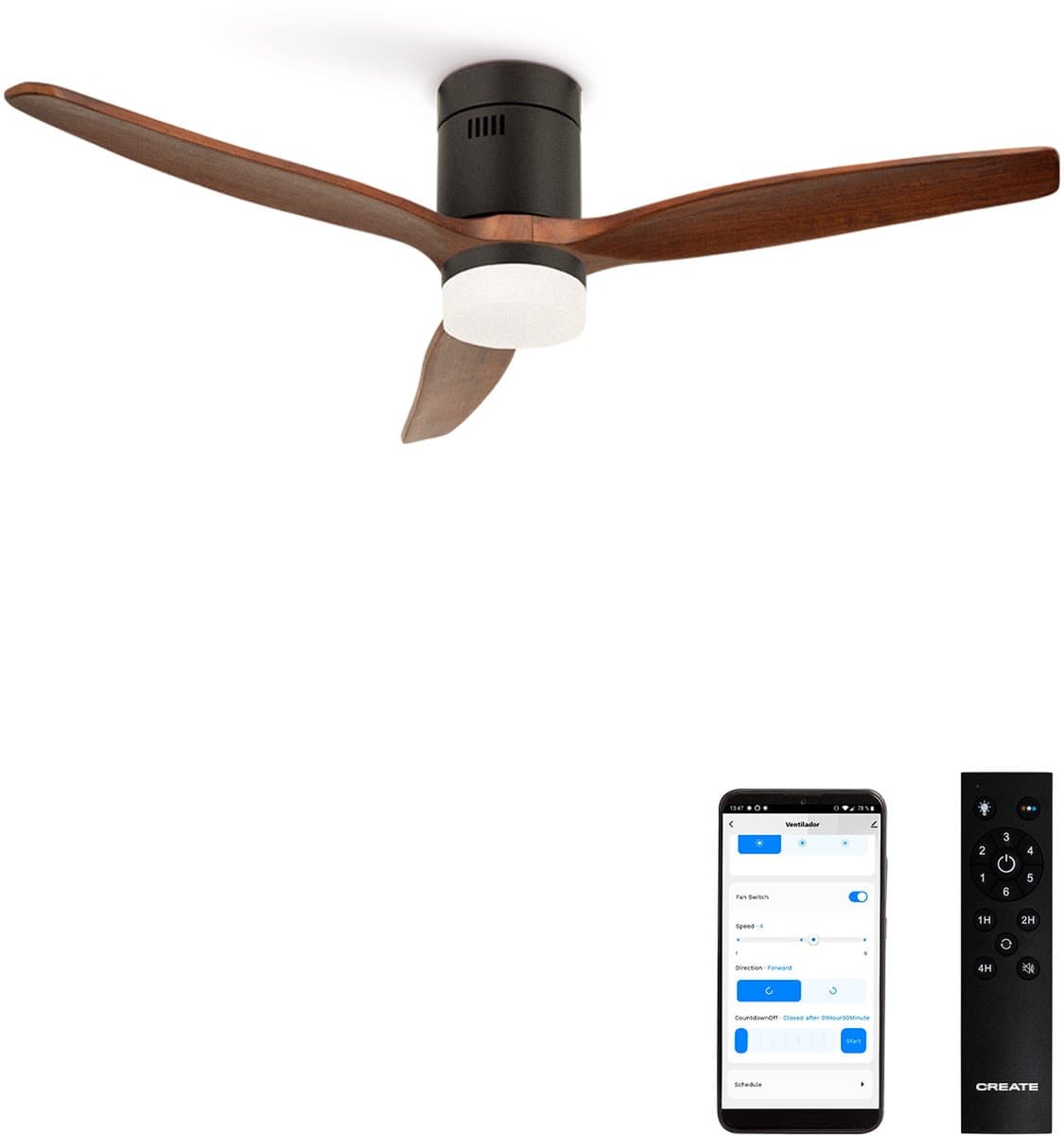CREATE - Plafondventilator silent 100% hout 40W (Ø132cm) - Met licht LED - WIFI + Afstandsbediening - 6 snelheden - Programmeerbaar - WIND CALM NATURAL WOOD — afbeelding 1