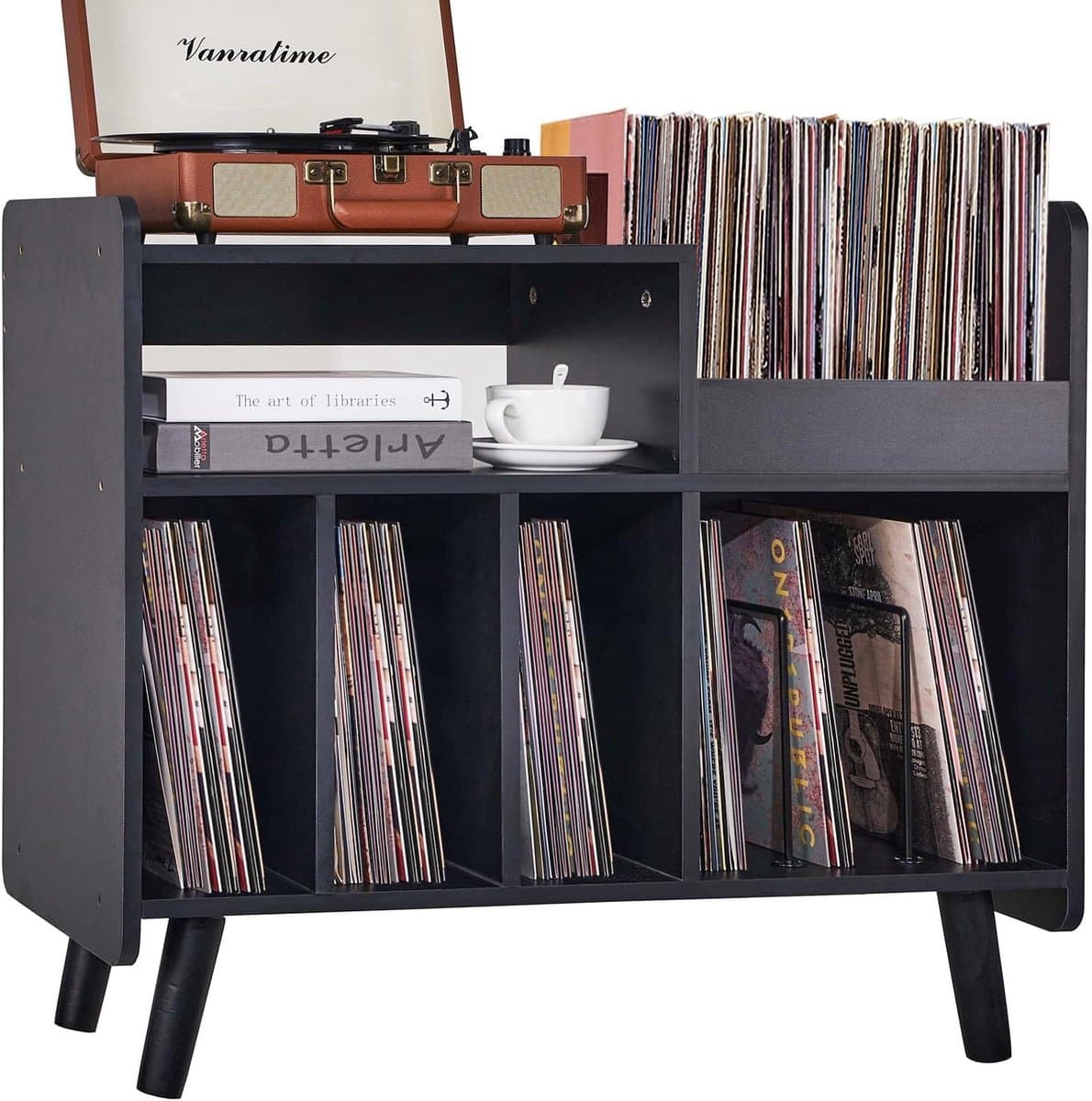 Platenspeler Tafel - Platenspeler Standaard - Vinyl Opbergkast voor 350+ Elpees - Retro Platenkast Mid-Century Modern - Vinyl Storage Meubel met Verstelbare Plank - Audiomeubel & Platenspeler Meubel - Platenhouder - Zwart — afbeelding 1