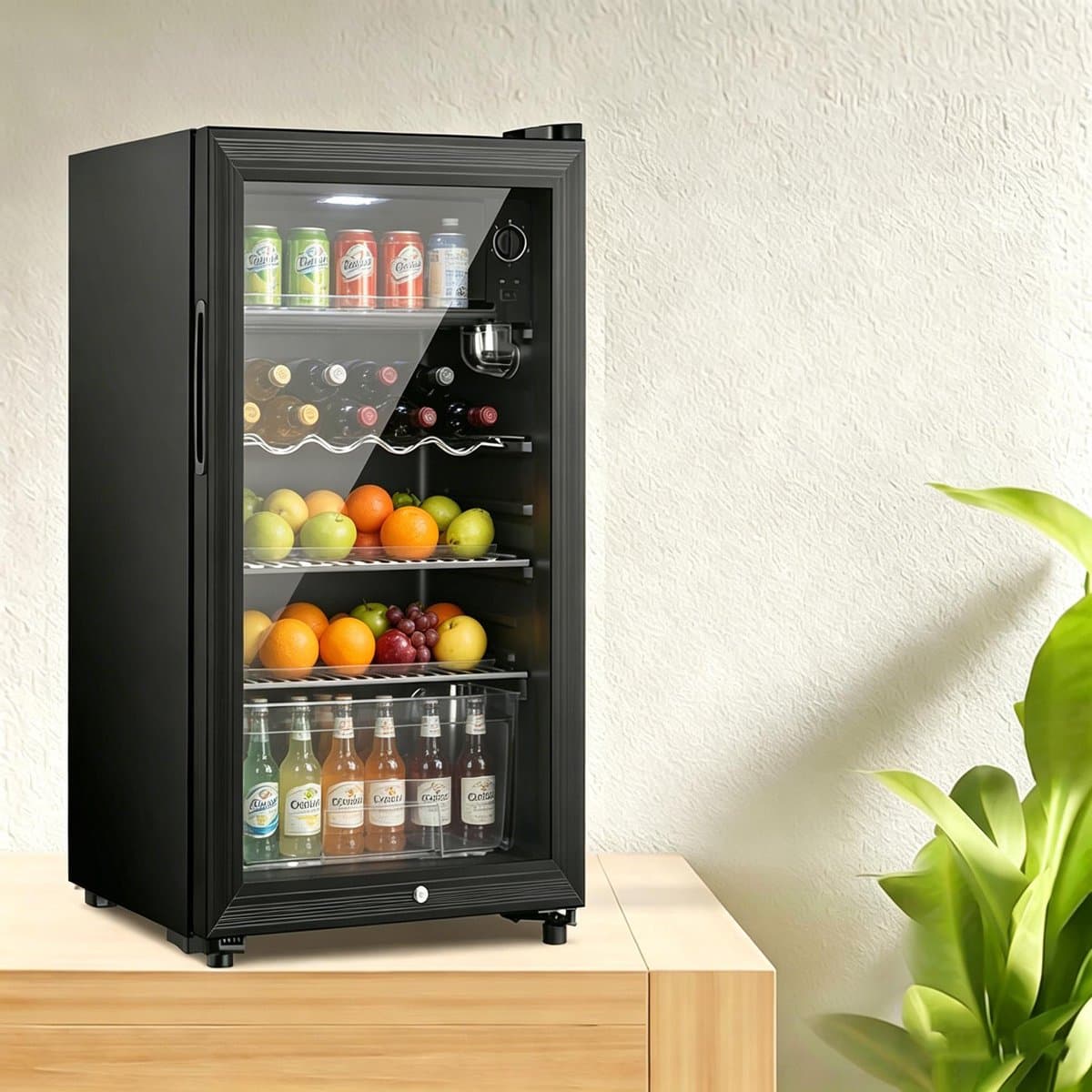 Drankenkoelkast 118L voor maximaal 100 blikken vrijstaand zwart met apart klein vriesvak sterke koelprestaties scheidt gekoelde dranken en bevroren snacks zonder hoofdkoelkastruimte op te gebruiken thuis en kantoor — afbeelding 1
