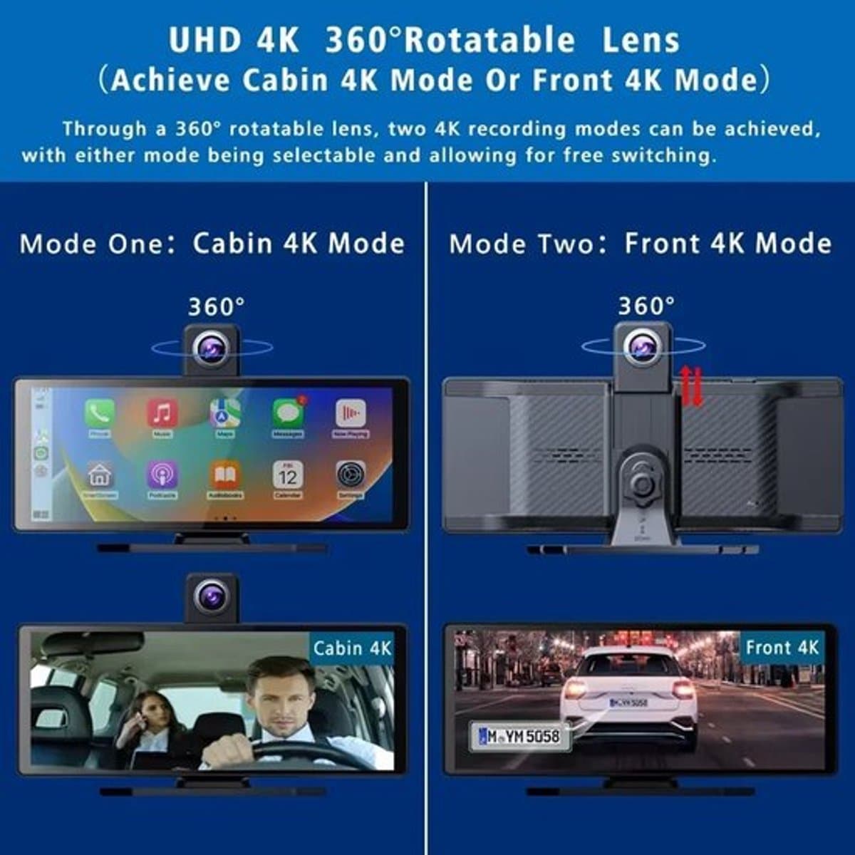 Dashcam voor Auto - 10.26” 4K Dashcam – CarPlay & Android Auto – 350° Rotatie – 6M AHD Achtercamera – Nachtzicht & Rijassistentie - Zwart — afbeelding 1