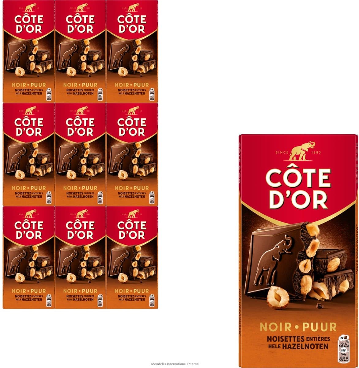 Côte d'Or L'Original Puur Hele Hazelnoten Chocolade Reep 9 x 180g - Chocolade Tabletten - Cadeau vrouwen of mannen verjaardag - Voorraad — afbeelding 1