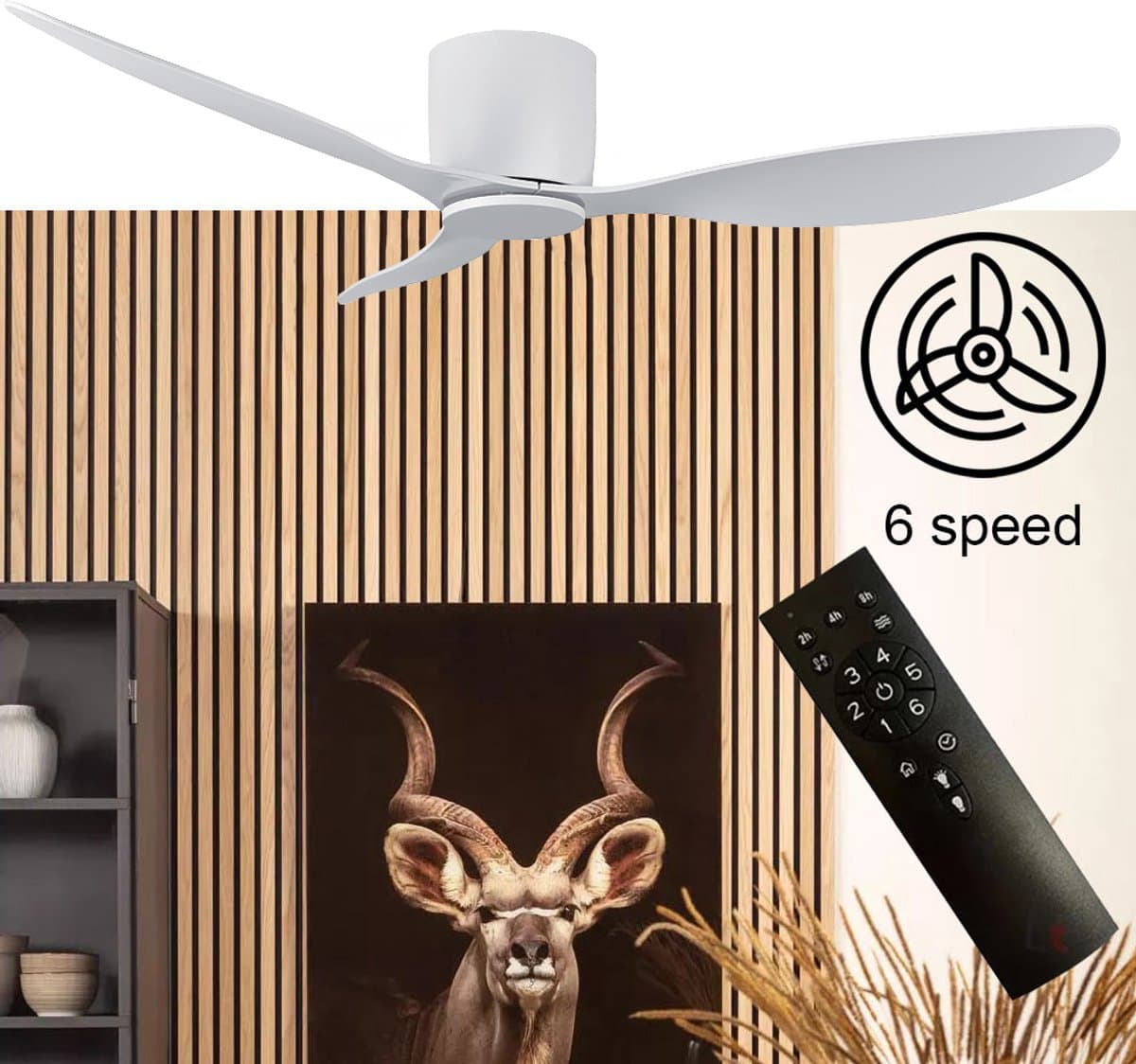 Plafondventilator Brezza 3 blad 132 cm wit - stilste ventilator 2026 – top kwaliteit - energie zuinig – met remote - ventilator voor laag plafond - 6 snelheden – beste alternatief voor airco - zomer en winter stand – witte ventilator — afbeelding 1