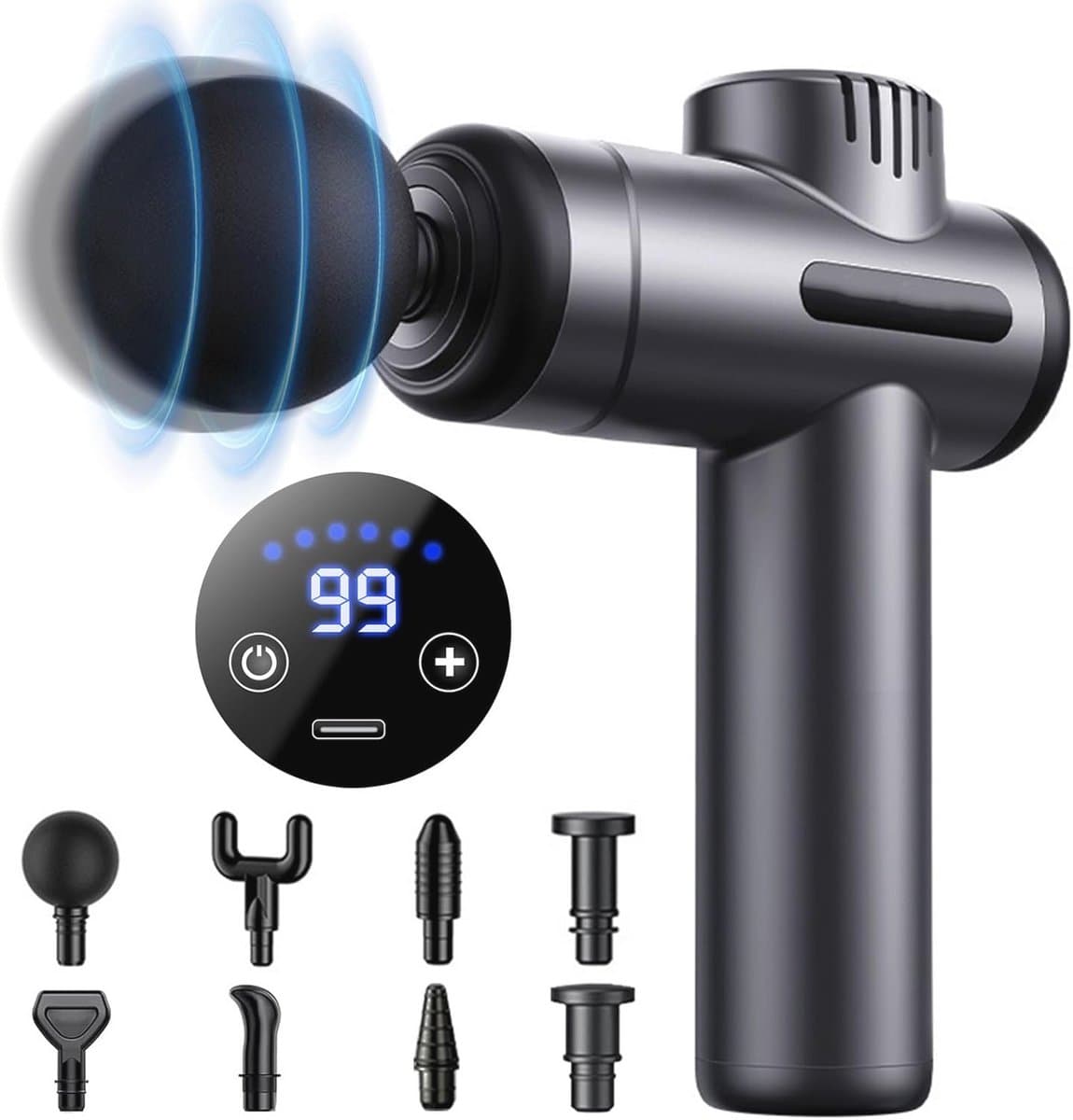 Spiermassagepistool met 99 instelbare niveaus en 8 koppen - LCD-display en stil ontwerp voor spierpijnverlichting — afbeelding 1