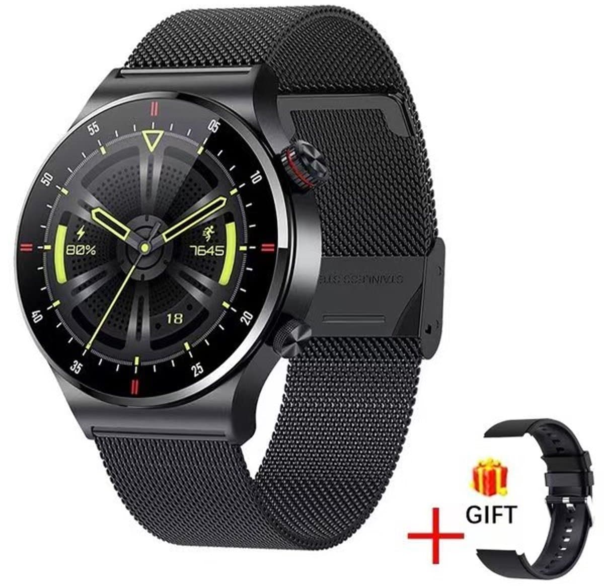 Knobbout 1,28" IPS inch Touchscreen smartwatch- Met de roterende knop wissel je snel tussen schermen- Persoonlijk Wijzerplaatontwerp - Bluetooth bellen en contacten synchronisatie - zwart staal+siliconen horlogeband — afbeelding 1