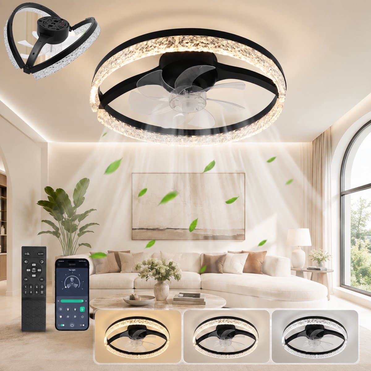 MUPOO Moderne Plafondventilator met Verlichting met Inklapbare Bladen 45 cm - Ventilatorlamp ruimtebesparend -Dimbare LED 3000-6500K - Stil & 6 Snelheden -Omkeerbaar - App & Afstandsbediening - voor Slaapkamer en Woonkamer — afbeelding 1