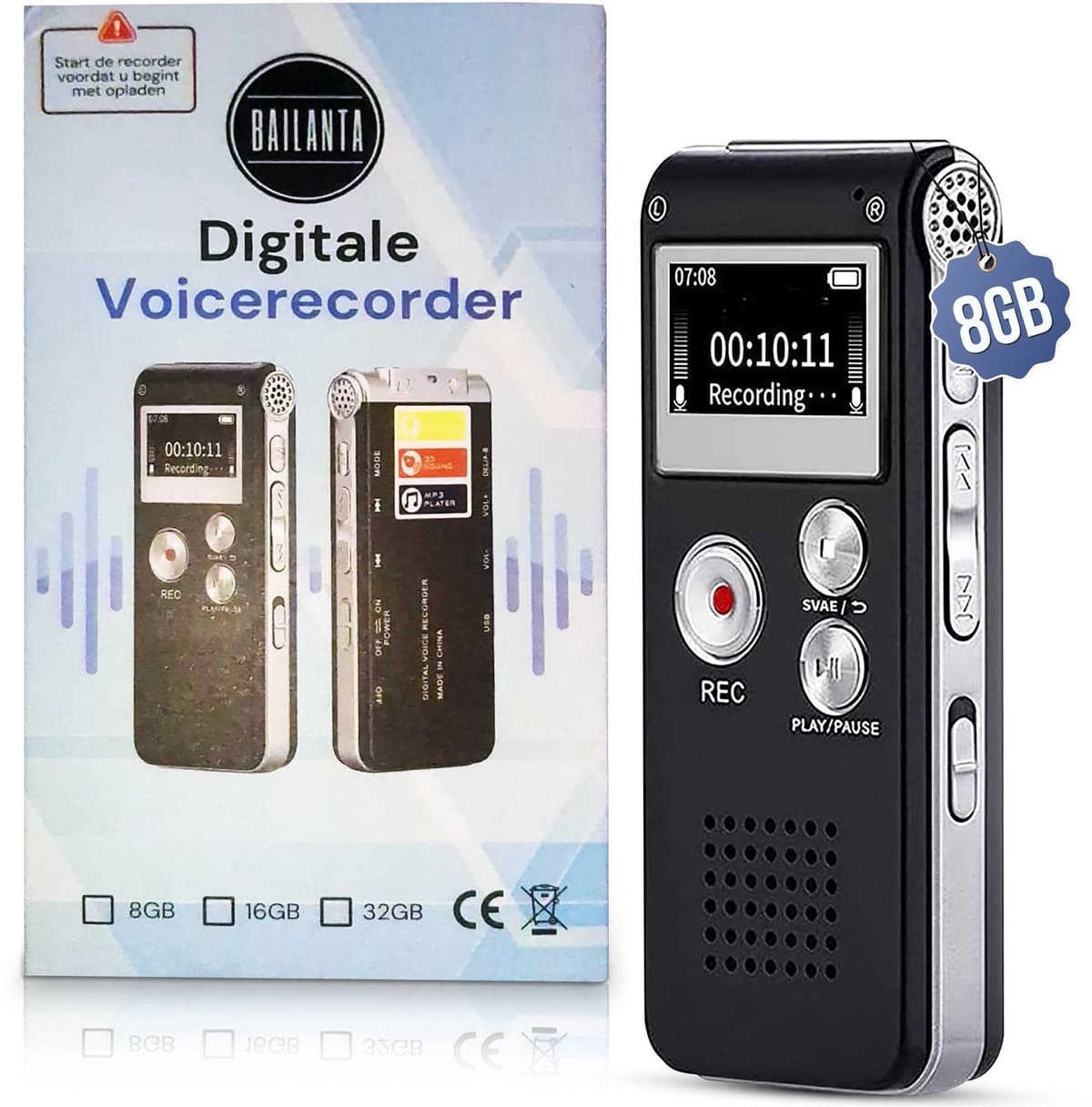 Bailanta® Voice Recorder 8GB - Afluisterapparatuur - Digitale Voicerecorder - Spraakgestuurd Opnemen - HD Microfoon - Nederlandse Handleiding - MP3 Speler - Dictafoon — afbeelding 1