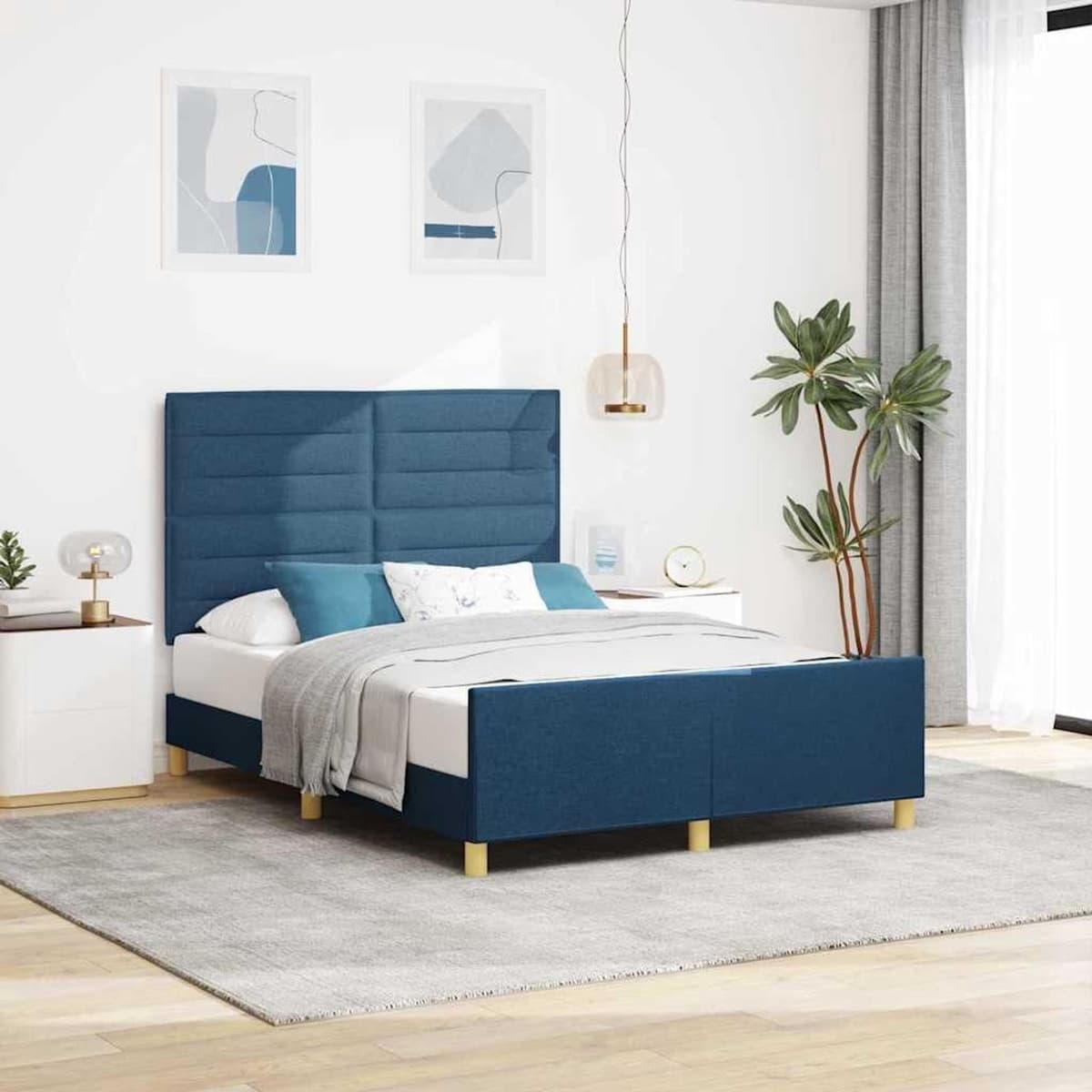 Bedframe met hoofdeinde Blauw 160 x 200 cm Stof, Schuimvulling, Minimalistisch Design, Inclusief Hoofdbord en Voetbord, Comfortabele Slaapkamer, Eenvoudig te Monteren, en Stijlvol Platformbed — afbeelding 1