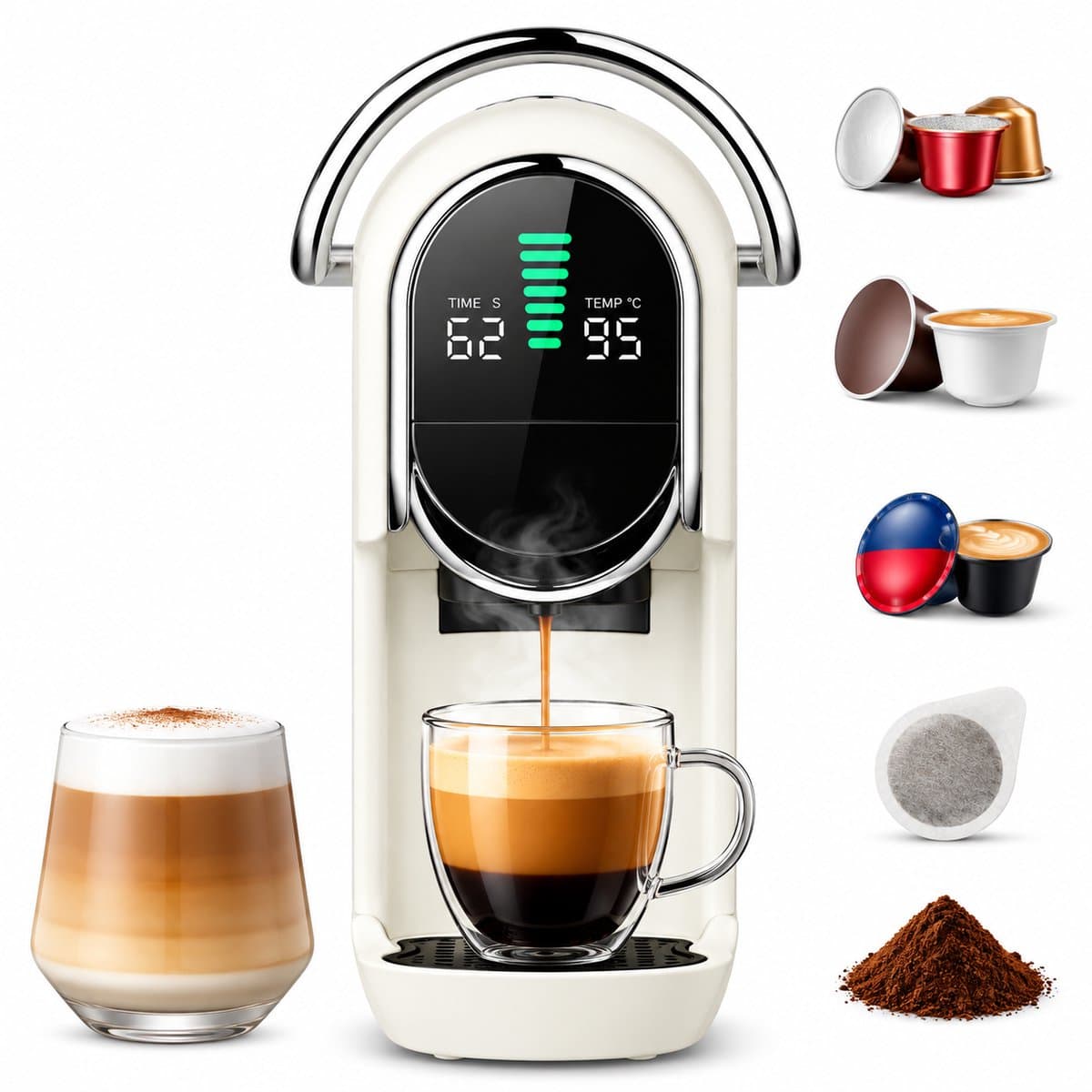 Espressomachine 5-in-1 – 20 Bar – Warm en Koud – 7 Waterstanden – LED Display – 1450 W – Wit — afbeelding 1