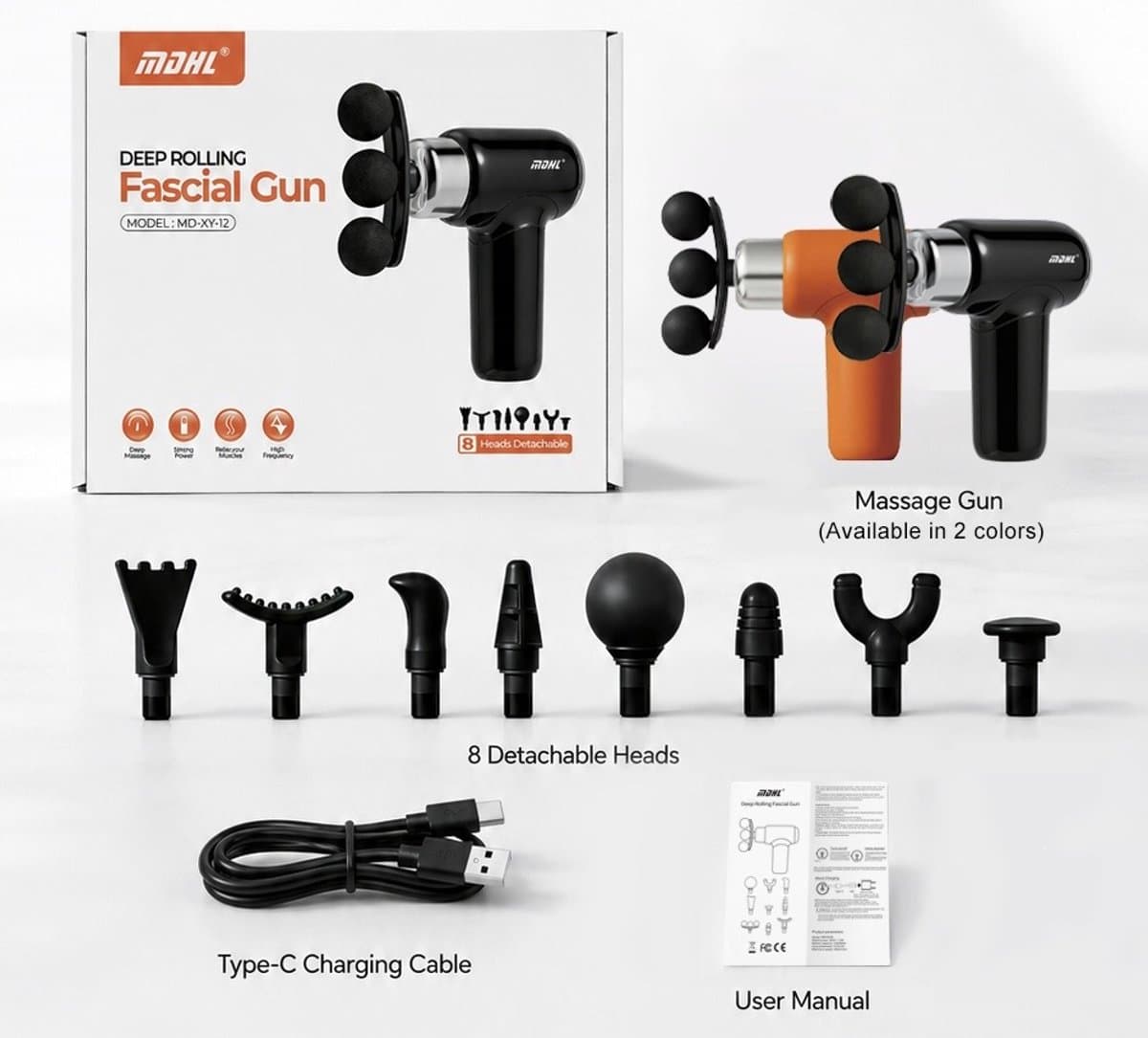 MDHL Massage Gun - Fascial Gun - Massage Gun mini - Incl. 9 opzetstukken - Massage Apparaat - Spier massage - Spierherstel en Relax massage - Draadloos - Oranje/Zwart — afbeelding 1